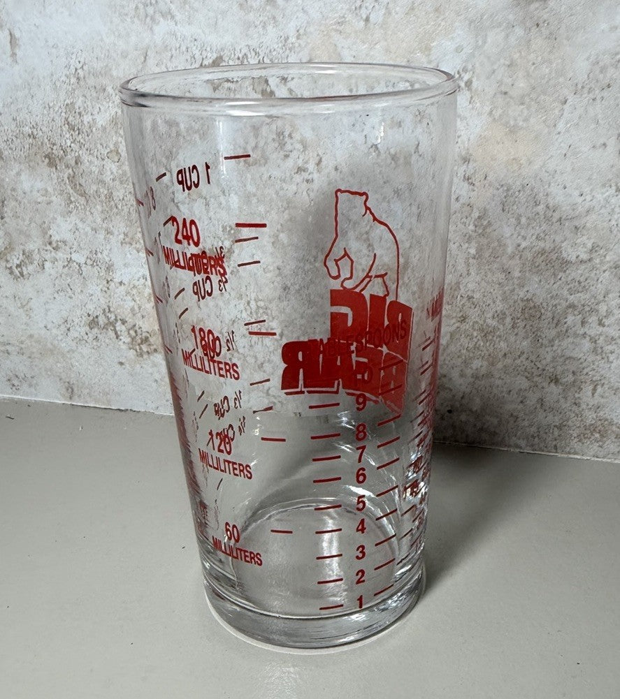 Vintage Big Bear Super Markets Glass Measuring Cup Bar Cocktail Mixer Advertisin