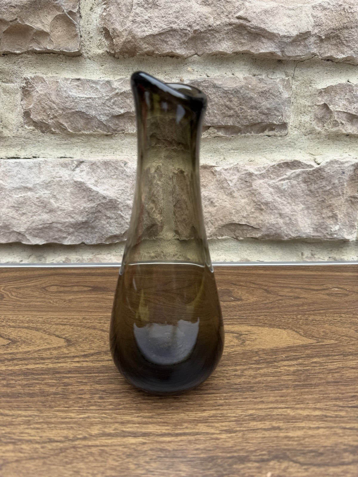 Vintage Mid Century Modern Smoky Brown Glass Bud Vase Angled Rim Bulbous Base