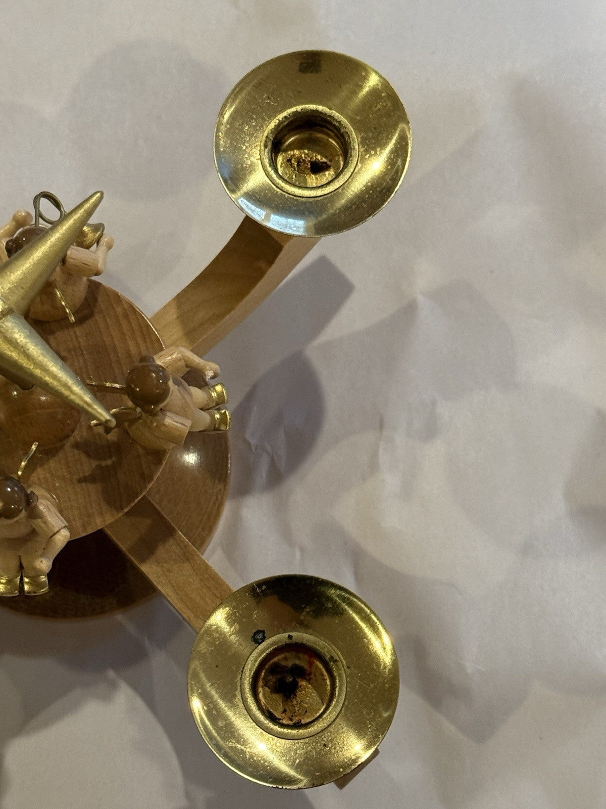 Erzgebirgische Volkskunst Wood Angel Candle Holder, 4 Arm Gold Star, German Folk