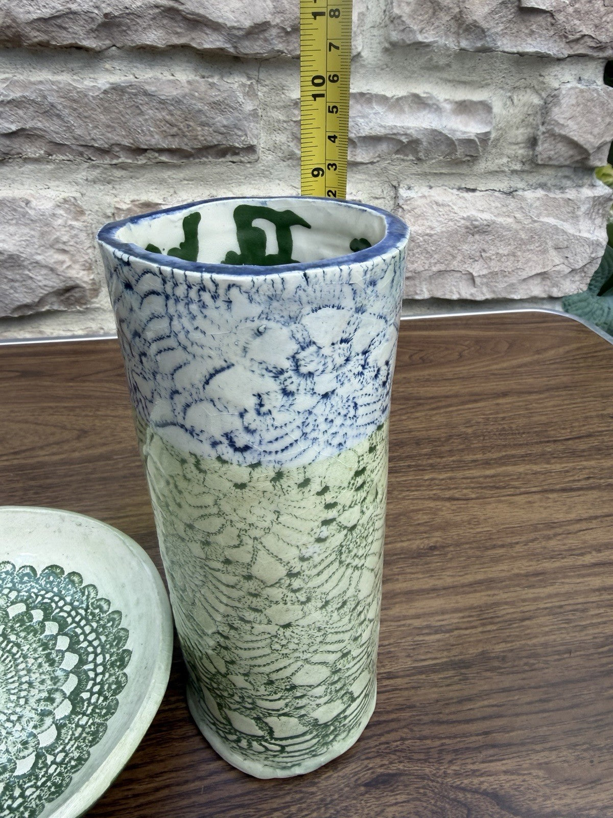 Studio Art Pottery Vase Handled Dish Set Signed WB Lace Imprint Ceramic MCM