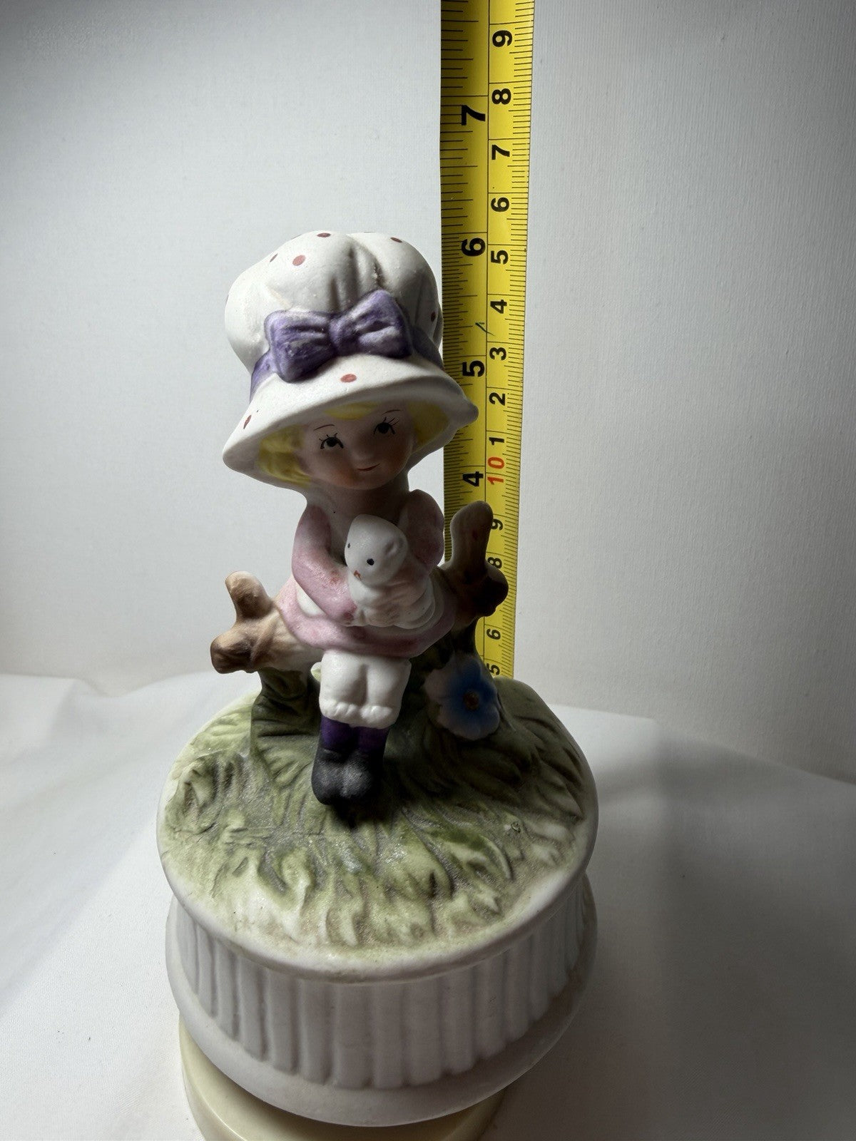 Porcelain Bisque Girl Music Box Cat Figurine Plays Song - Works