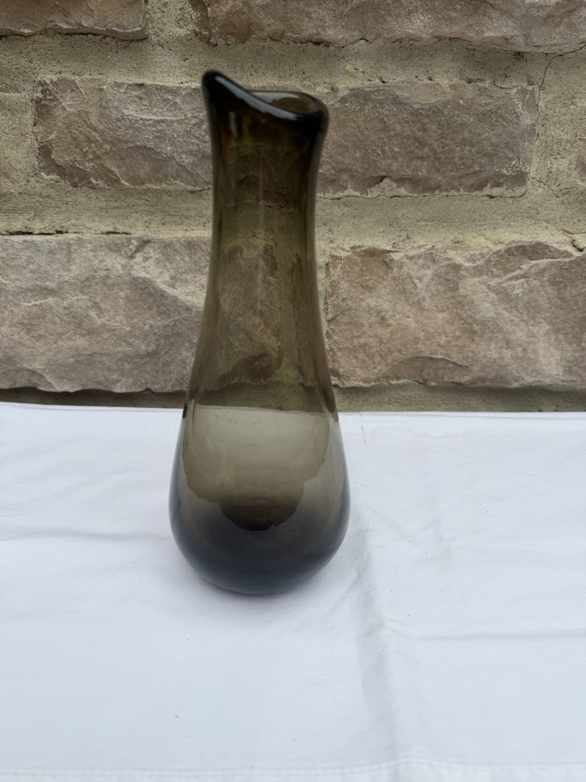 Vintage Mid Century Modern Smoky Brown Glass Bud Vase Angled Rim Bulbous Base