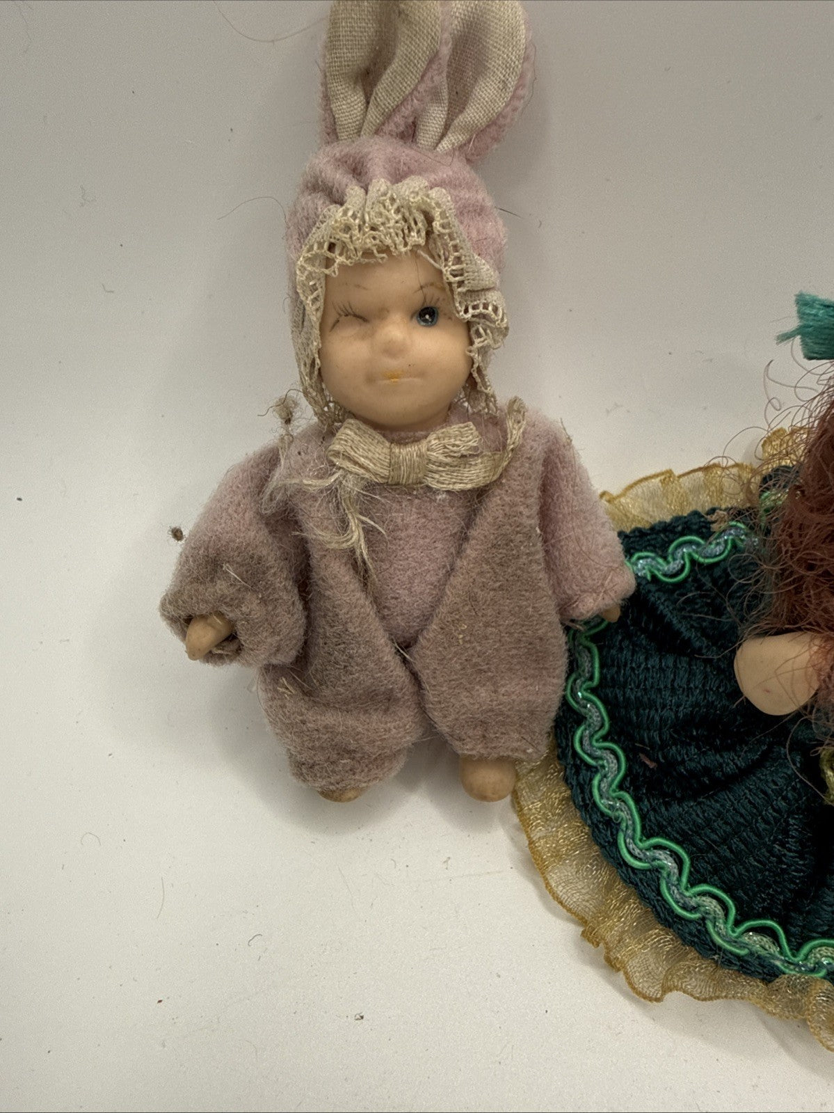 Vintage Porcelain Doll Figurines Lot of 2 Bunny Outfit Emerald Green Lilac 2"