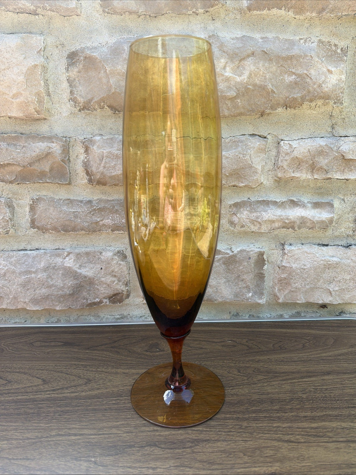 Huge Vintage Italian Empoli Glass Floor Vase Rib Optic Amber Mid Century