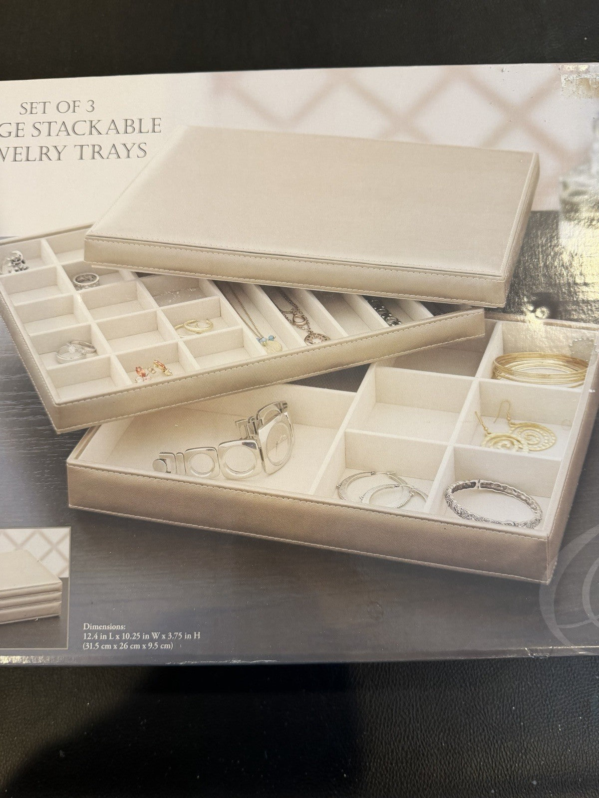 Ampersand Jewelry Tray Set 3 Large Stackable Taupe Storage Organizer Display New