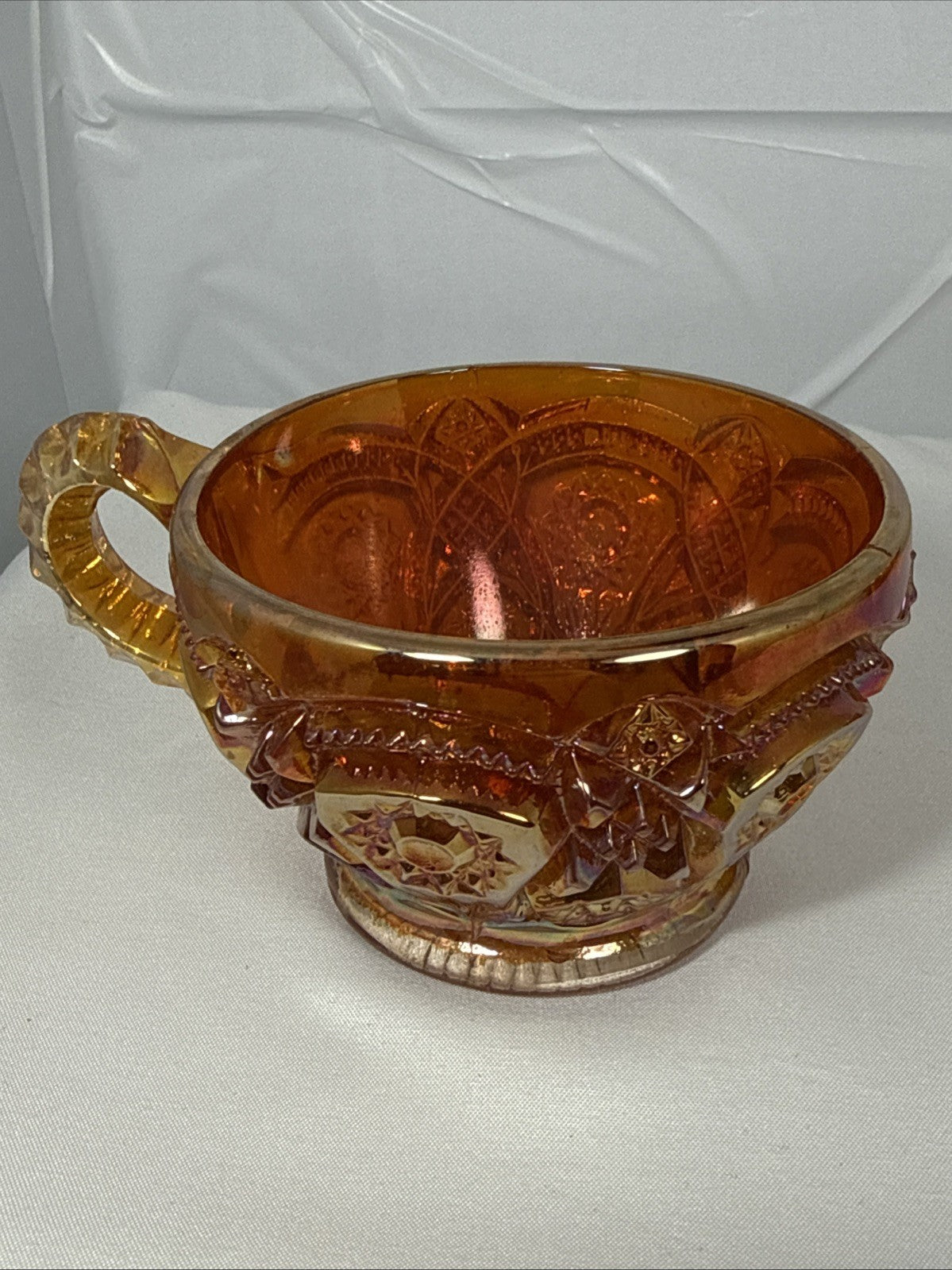 Set of 4 Vintage Imperial Hobstar Iridescent Marigold Orange Carnival Glass Cups