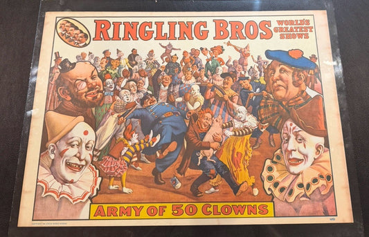 Vintage 1960 Ringling Bros Circus Mini Poster Army 50 Clowns Retro Wall Decor