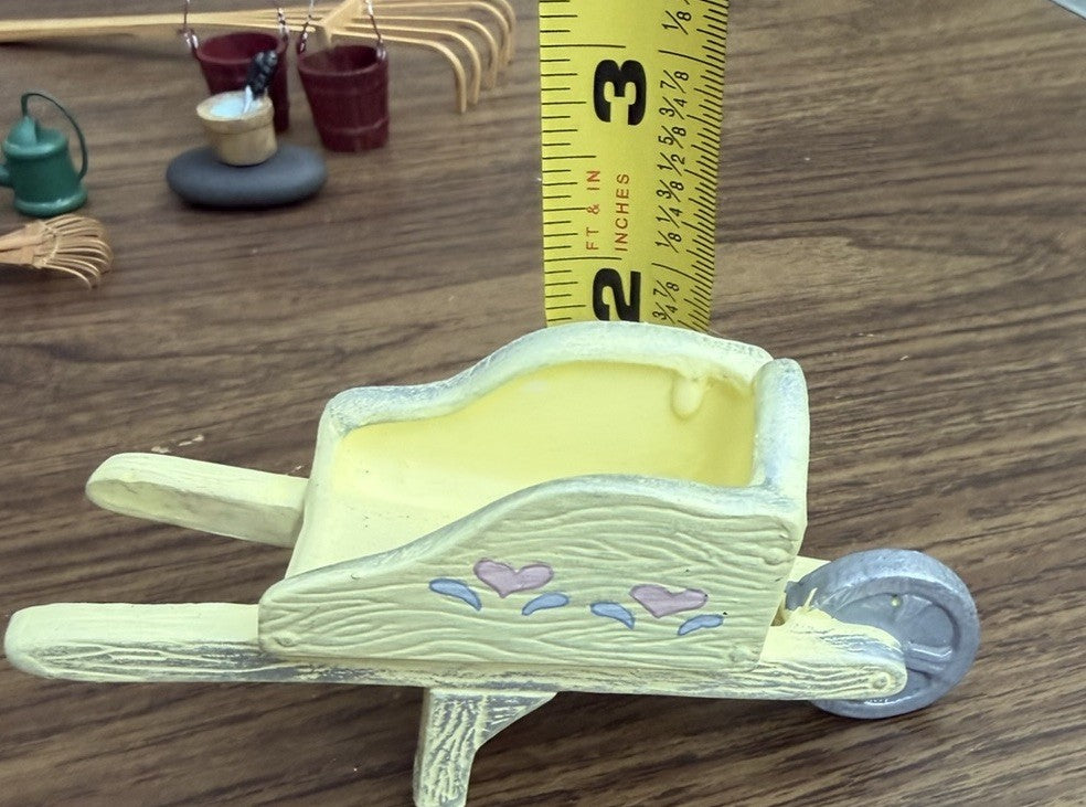 Vintage Dollhouse Miniature Garden Tools Wheelbarrow Rake Shovel 1 12 Scale