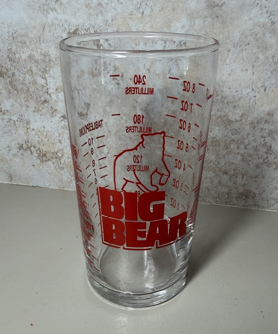 Vintage Big Bear Super Markets Glass Measuring Cup Bar Cocktail Mixer Advertisin
