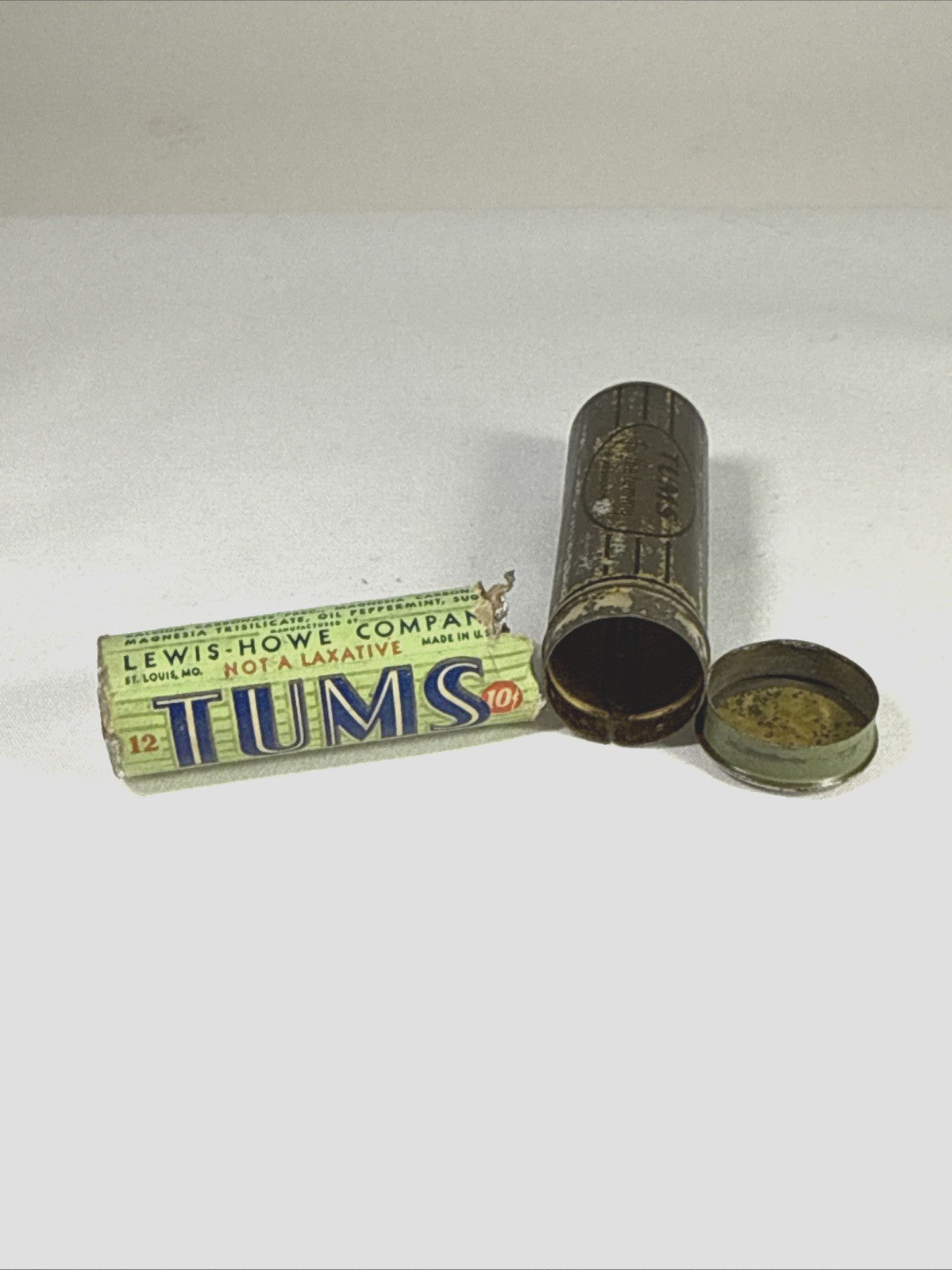 Vintage Tums Tin Container Green & Gold Graphics & Working Push Bottom with Tums