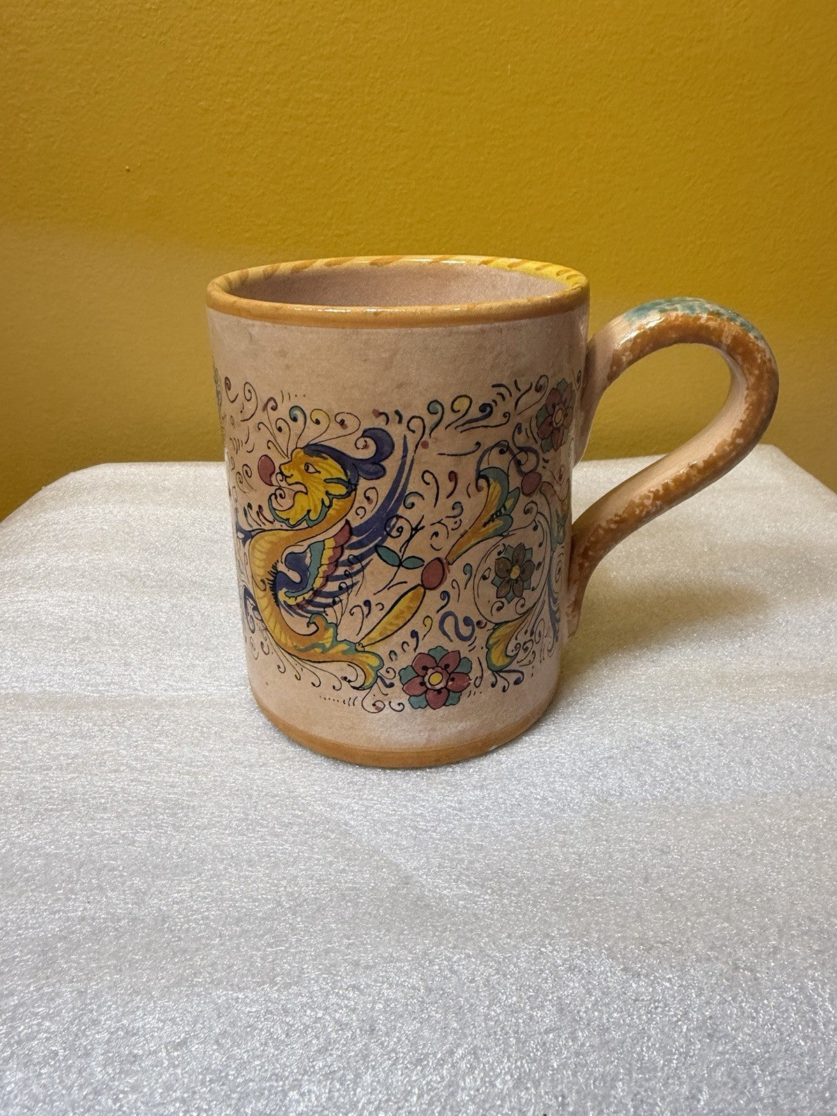 Italian Majolica Raffaellesco Dragon Floral Mug Hand Painted Pottery Italy Cup