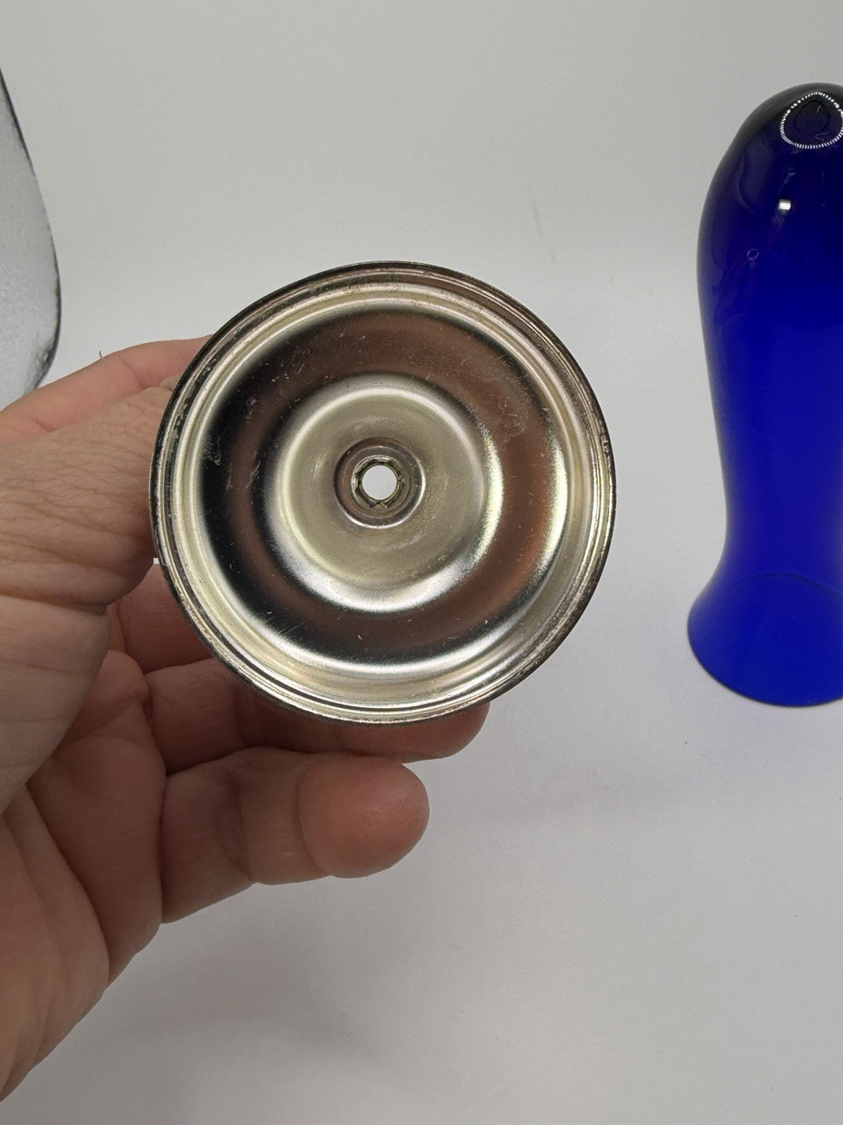 Vintage MCM Silver Plate Tulip Bud Vase Cobalt Blue Glass Insert 6 Inch