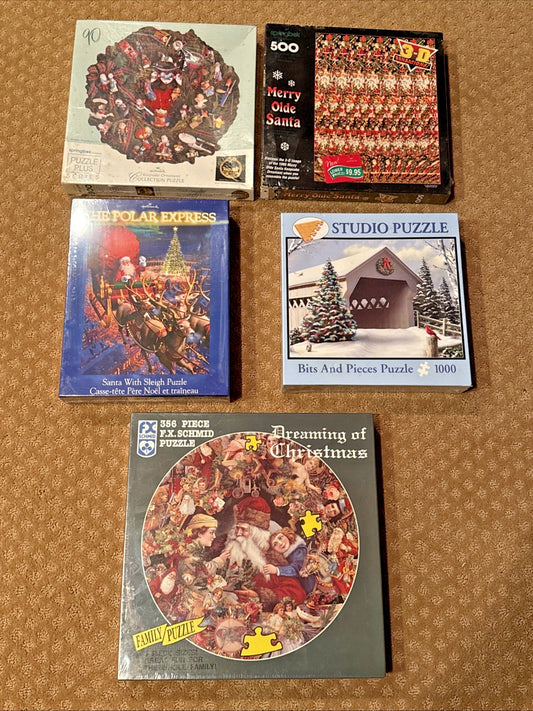 Vintage Christmas Jigsaw Puzzles Set of 5 Schmidt Bits Pieces Hallmark Santa 3D