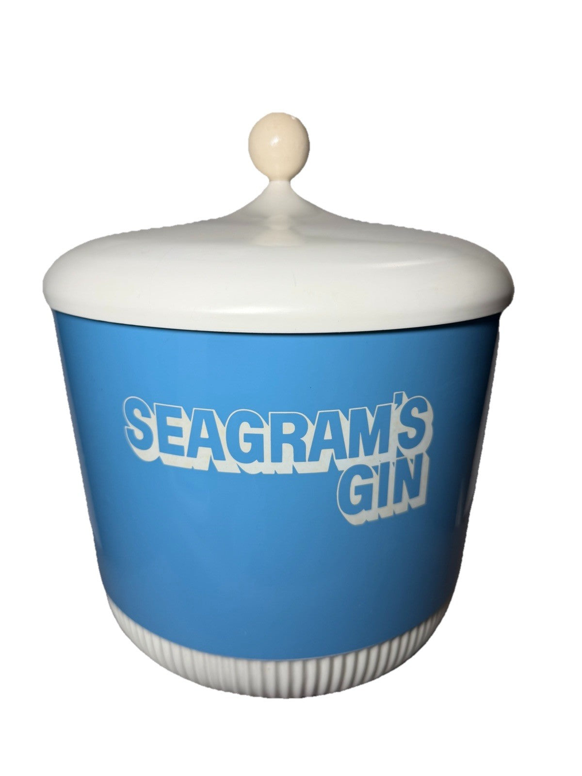 Vintage Midcentury Seagram’s Gin Ice Bucket Barware Blue & White Advertising
