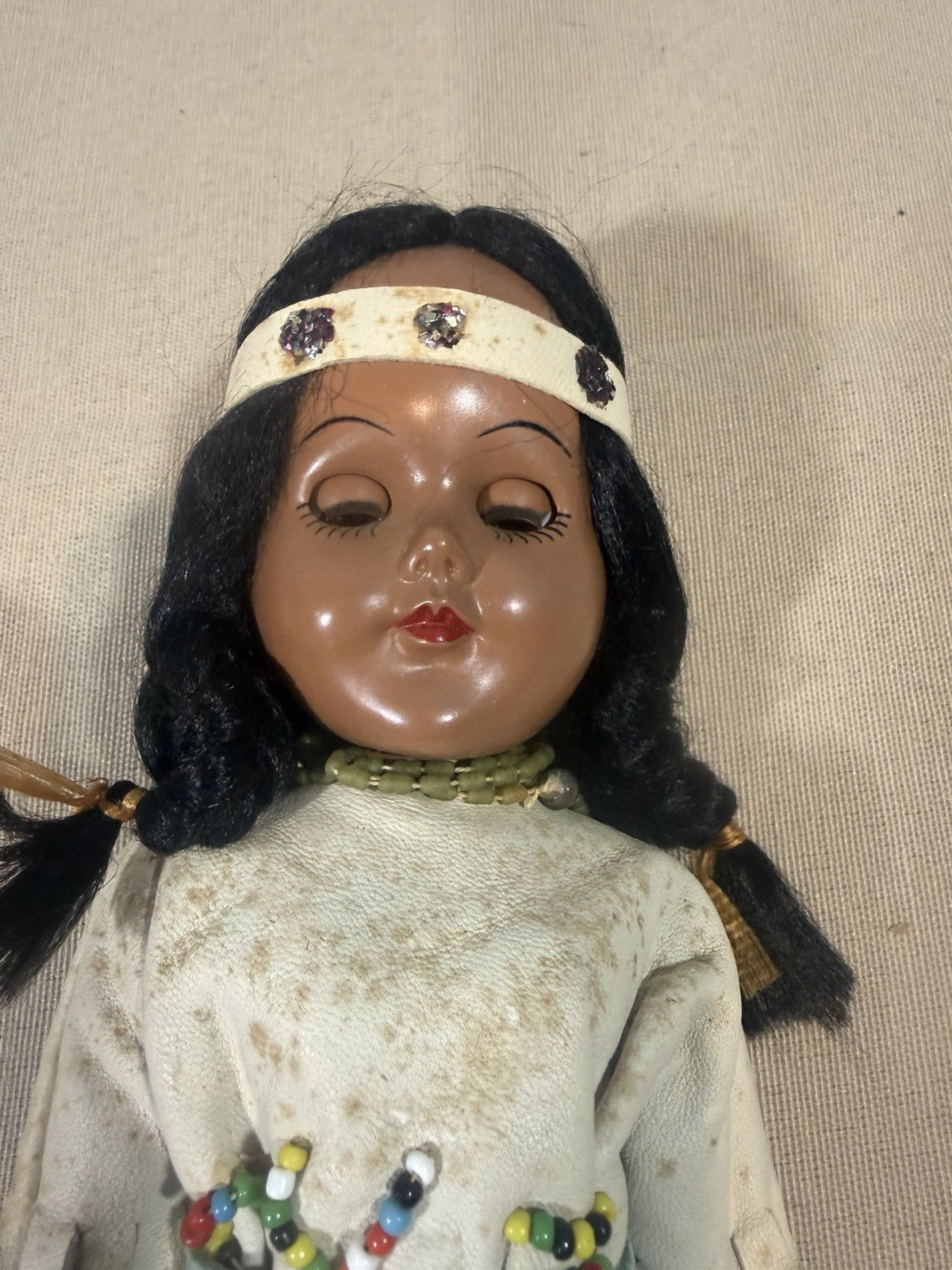 Vintage Native American Doll Sleepy Eyes Leather Beaded Dress 10"