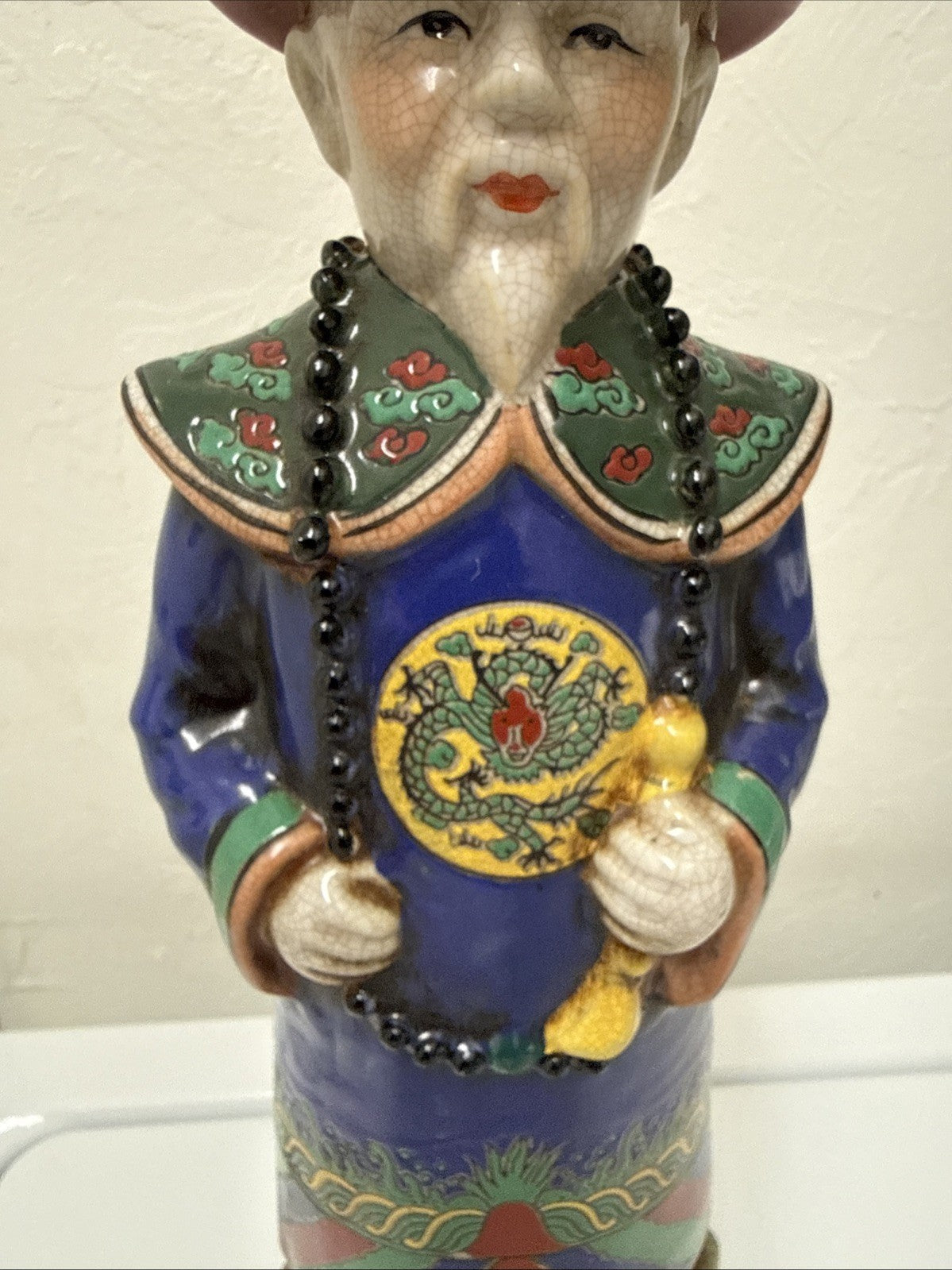 Chinese Qing Dynasty Emperor Statue 14" Handmade Ceramic Crackle Glaze Figurine