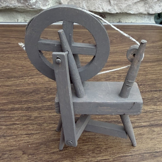 Vintage Wooden Dollhouse Spinning Wheel Miniature Gray Moving Parts Folk Decor