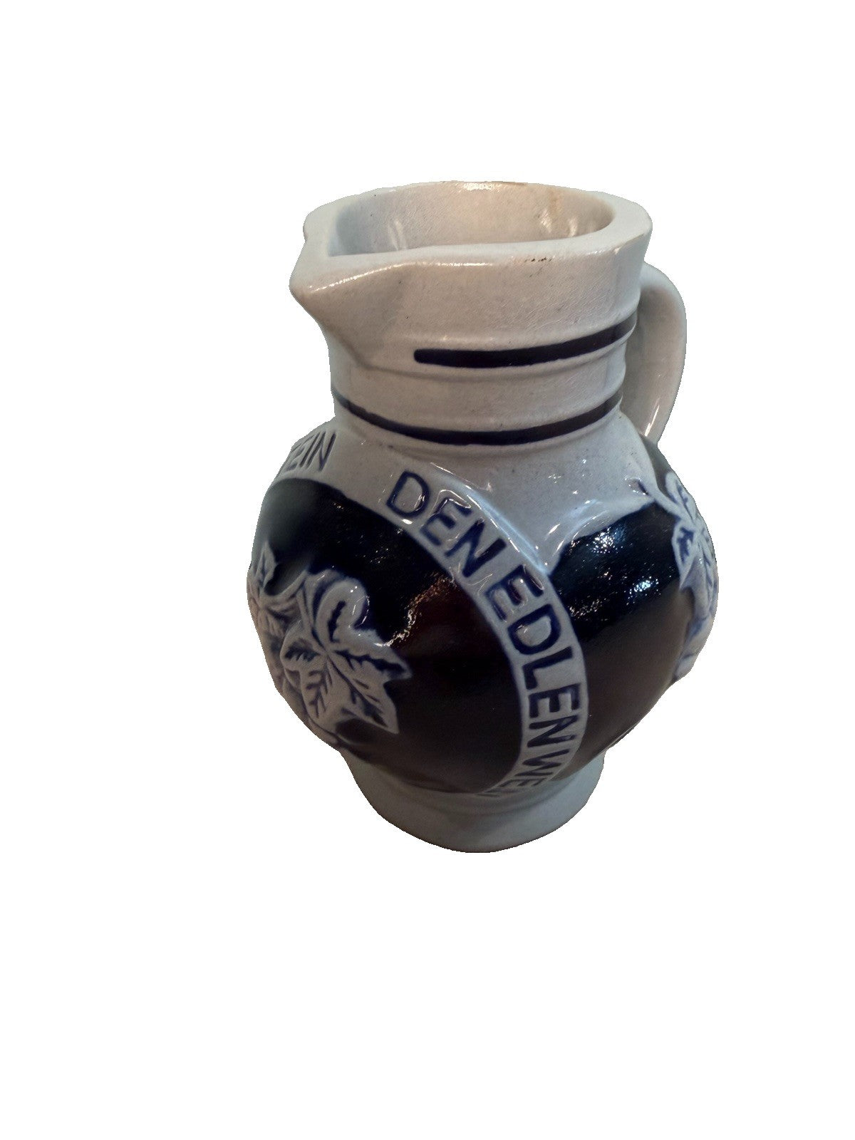 Vintage German Stoneware Pitcher Blue Gray Grape Vine Glaze Barware Decanter