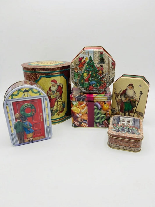 Lot of 6 Vintage Christmas Metal Tins Potpourri Press Peerless Candy Holiday Dec