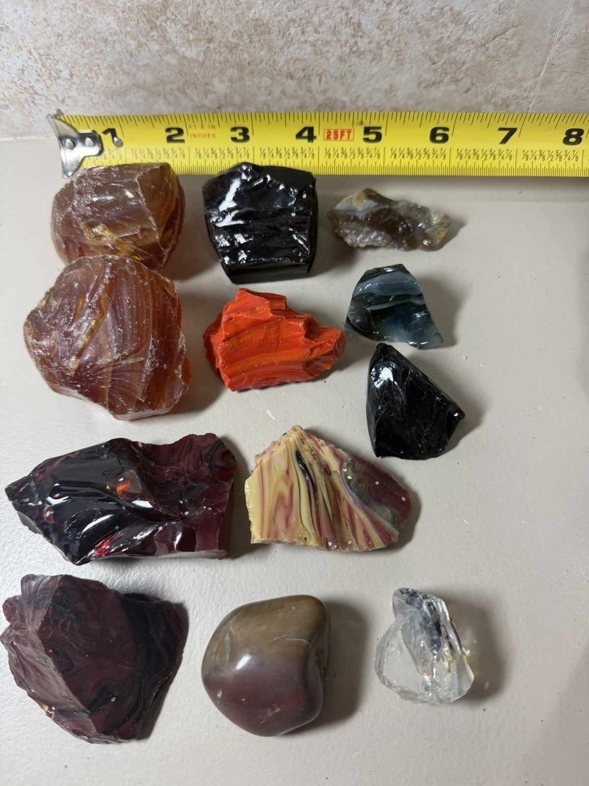 Raw Slag Glass Cullet Chunks Red Amber Yellow Orange Black Stones Lot of 12