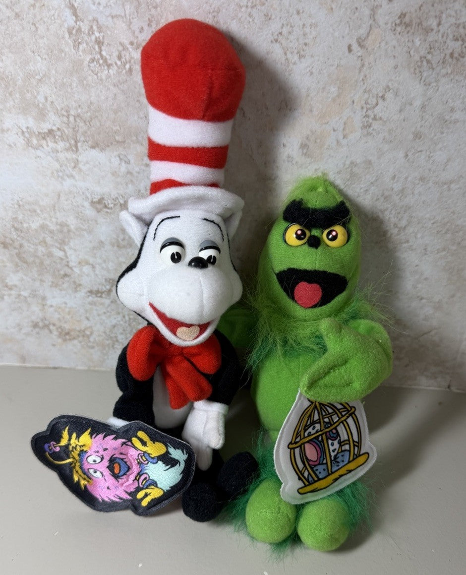 Vintage 1997 Mattel Henson Dr Seuss Cat in the Hat & Grinch Plush Toy Lot 10"