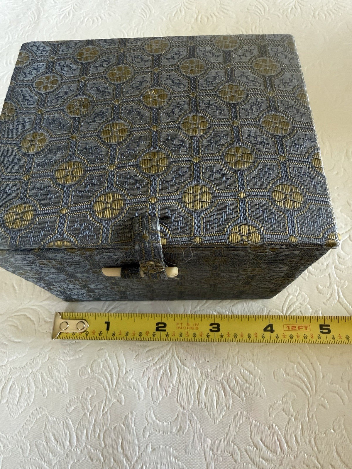 Vintage Blue Gold Brocade Fabric Storage Box Bone Latch Red Silk Interior
