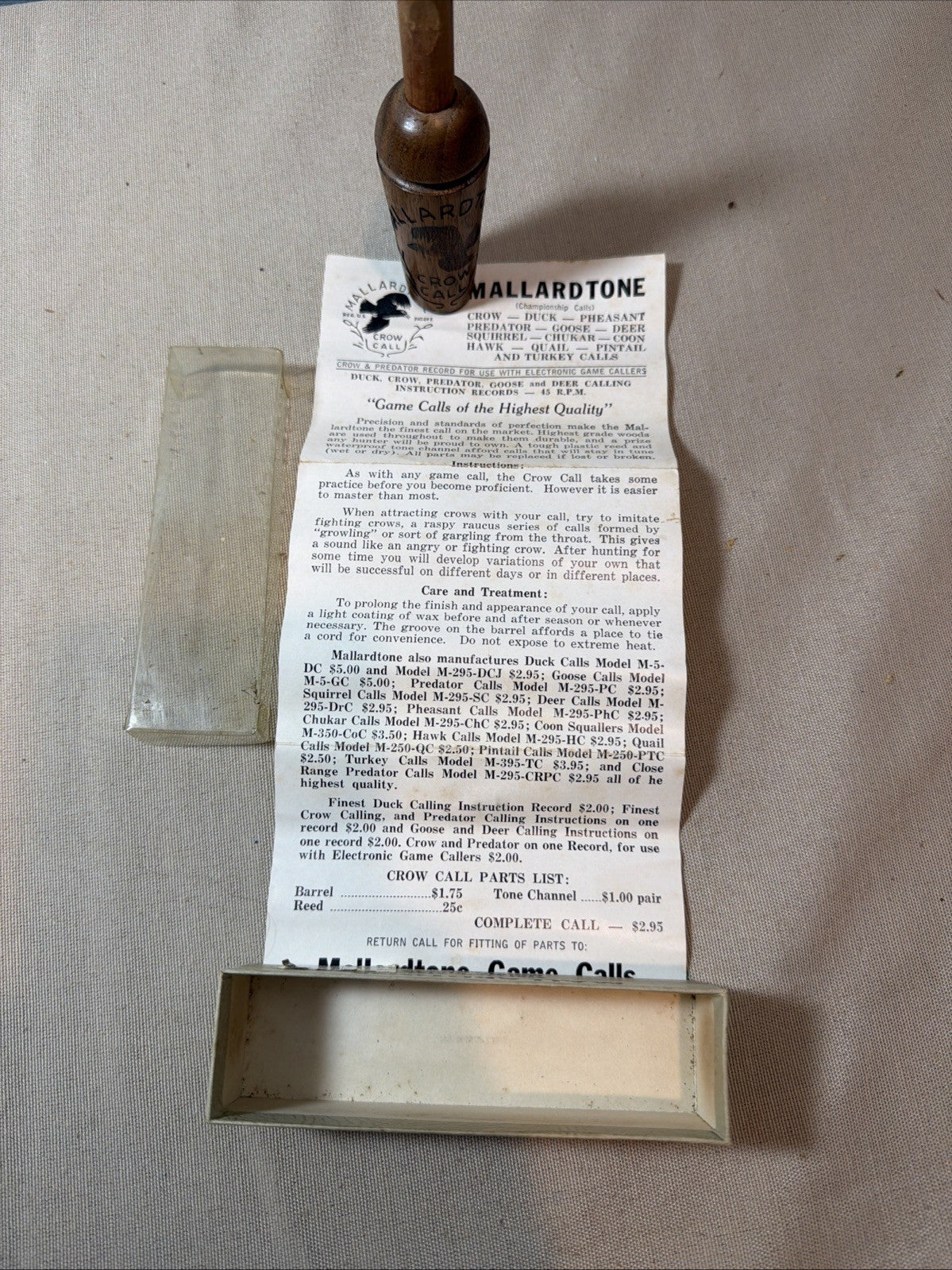 Vintage Mallardtone Wooden Crow Game Call Original Box Moline Illinois Hunting