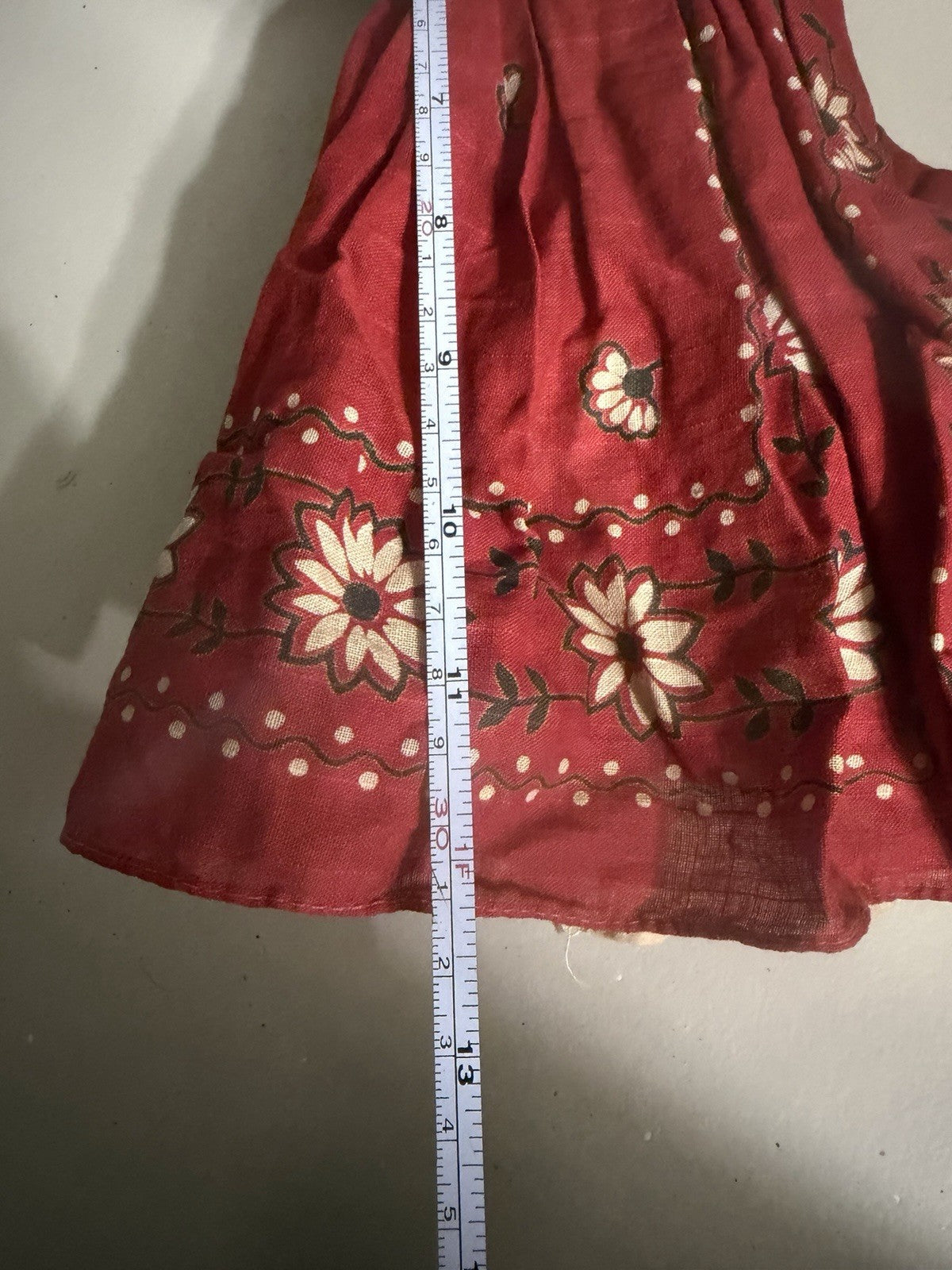 Vintage Handmade Folk Art Cloth Doll Floral Dress Handkerchief 12"