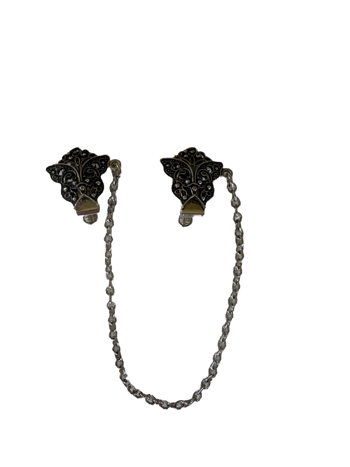 Vintage Butterfly Sweater Shawl Clips Dark Silver Tone 8 Inch Chain Accessory