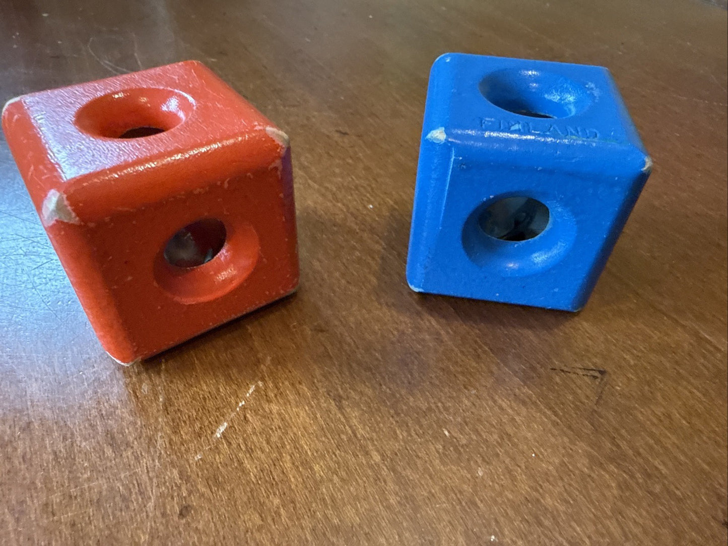 Antique Wooden Baby Toy Blocks with Bells Finland 2 Piece Set Red Blue