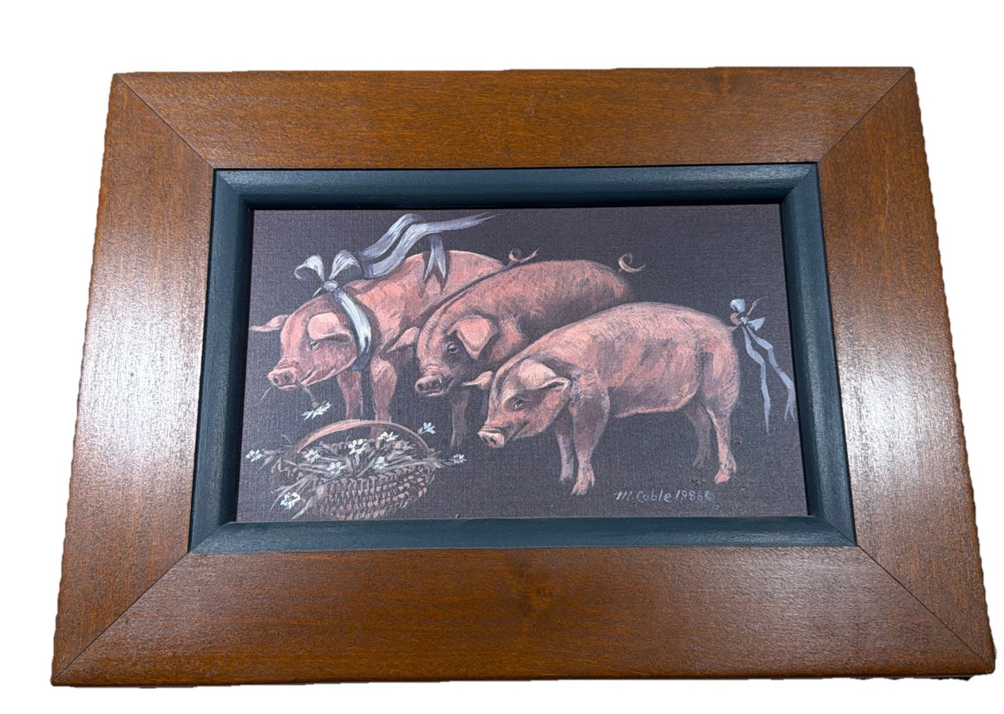 Handpainted Pig Art Print Signed M Coble 1986 Framed Farmhouse Artwork