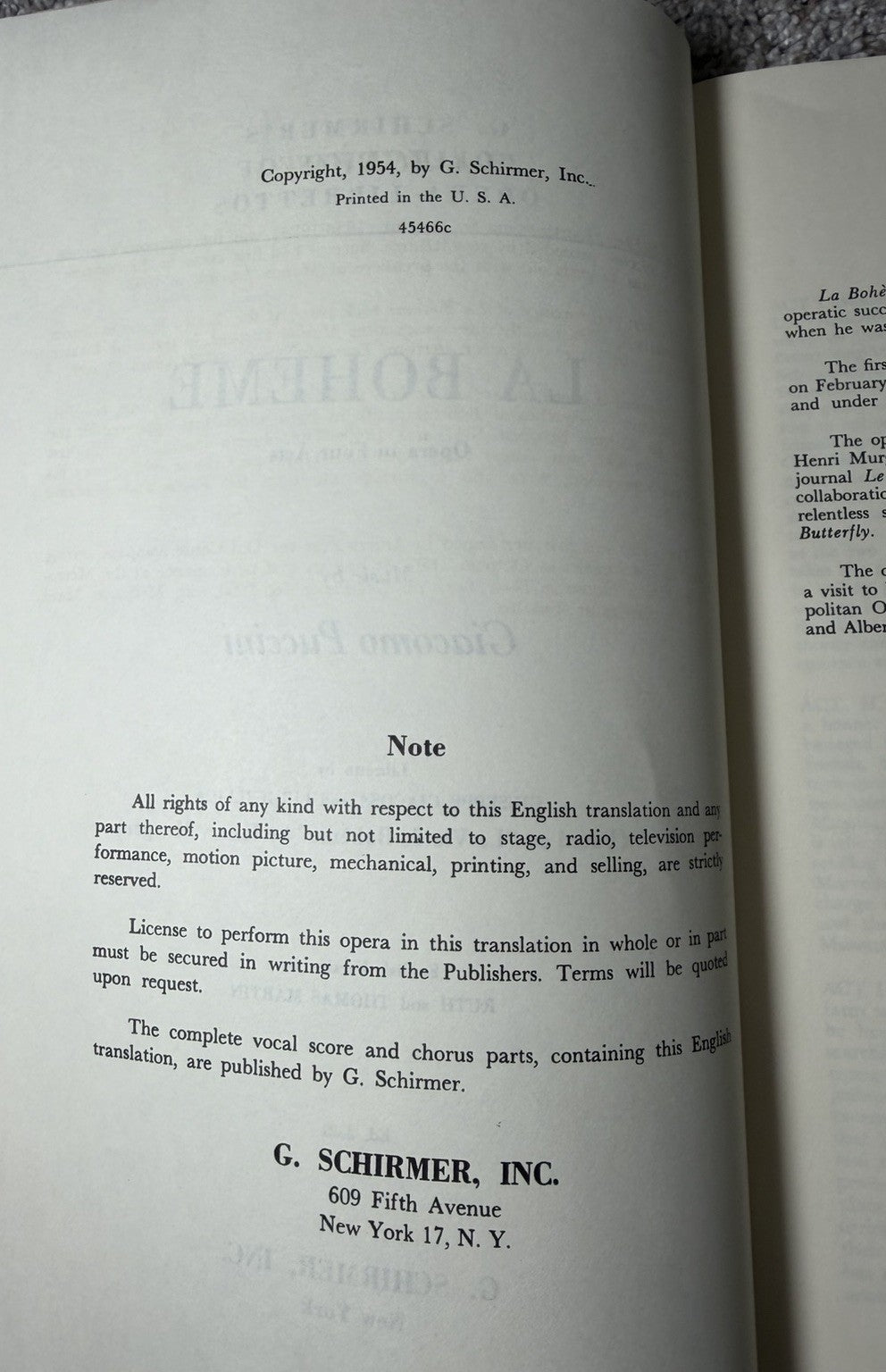 Metropolitan Opera Libretto La Boheme 1954 Vintage Opera Book