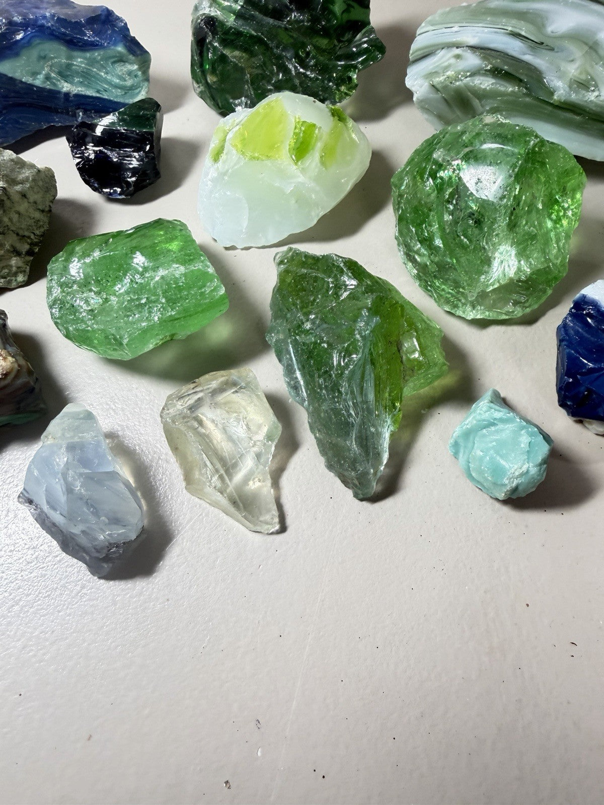 Raw Slag Glass Cullet Chunks Green Blue White Craft Stones Lot of 15 items