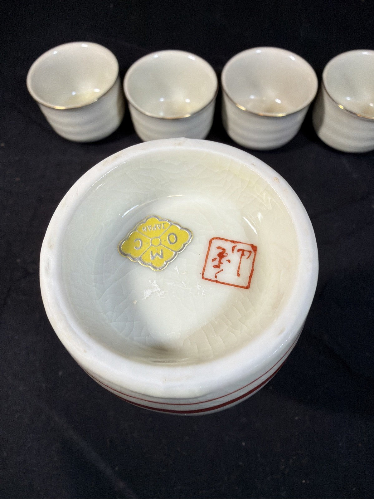 Vintage Otagiri Japanese Sake Set Crackle Ceramic 6 Piece Set