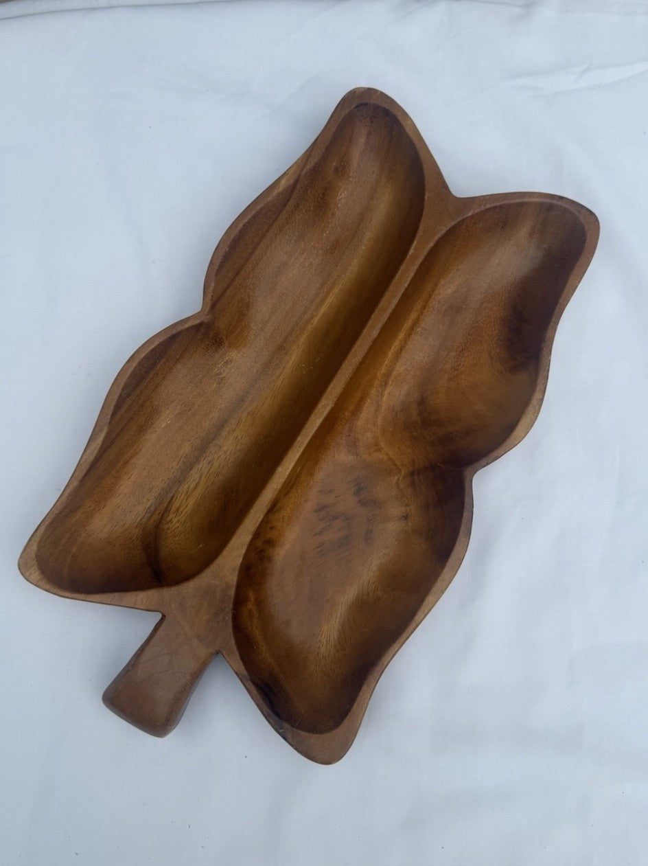 Vintage Monkey Pod Wood Dolphin Divided Leaf Tray Mid Century Tiki
