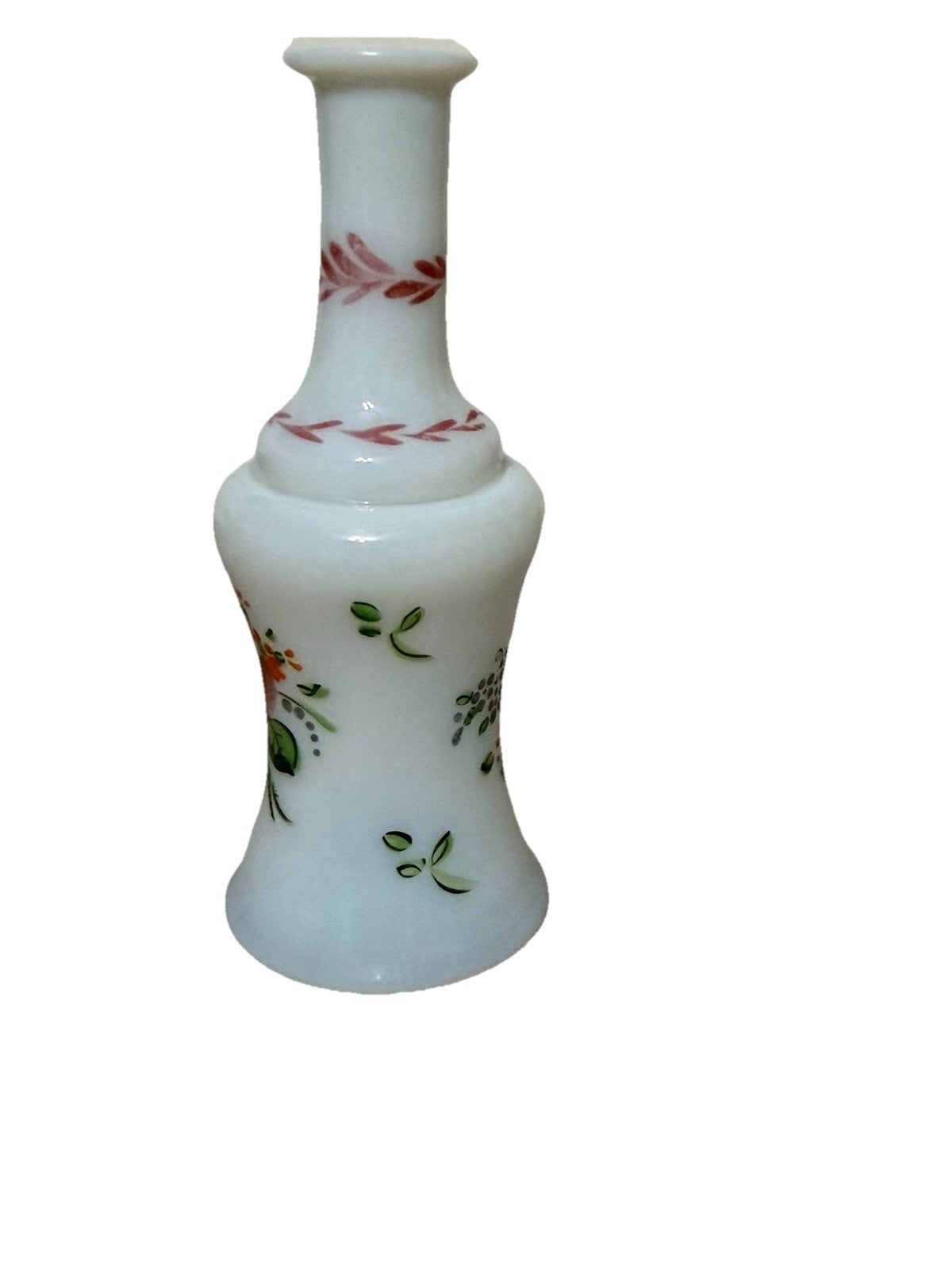 Vintage Milk Glass Perfume Bottle Hand Painted Floral 5" No Stopper