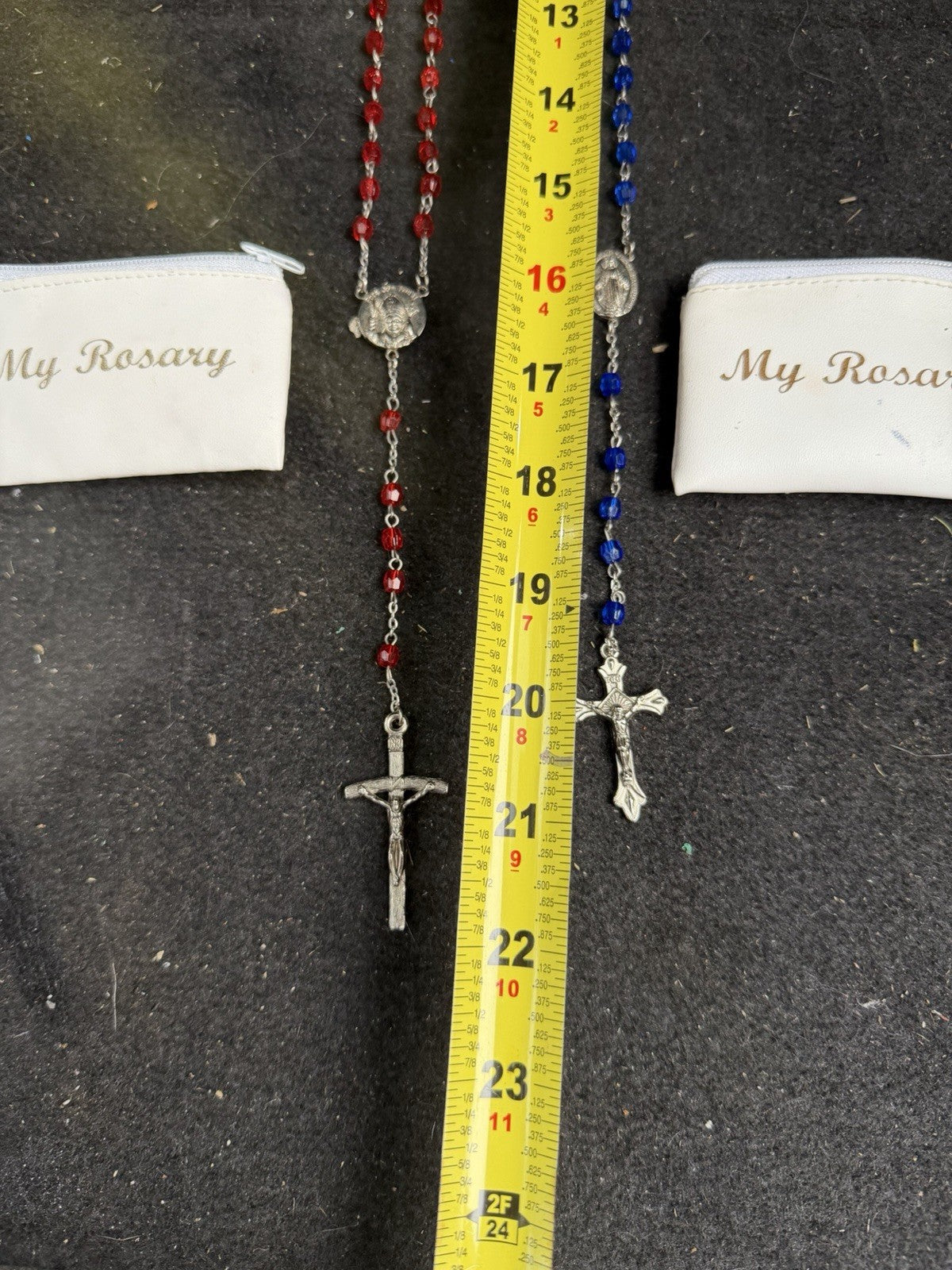 Catholic Rosary Beads Pair Red Blue Crystal Glass Silver Tone Cross Religious