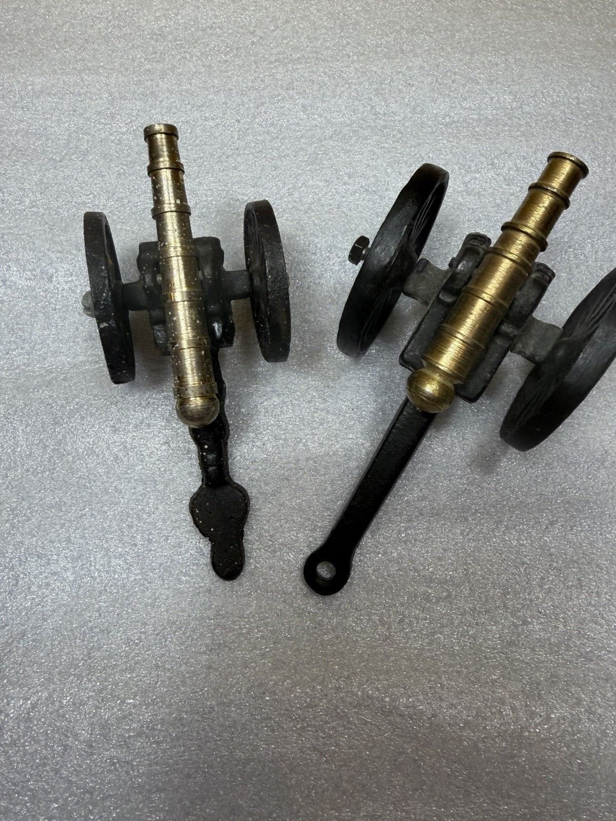 Vintage Cast Iron Brass Miniature Artillery Cannon Models Pair 5" Military