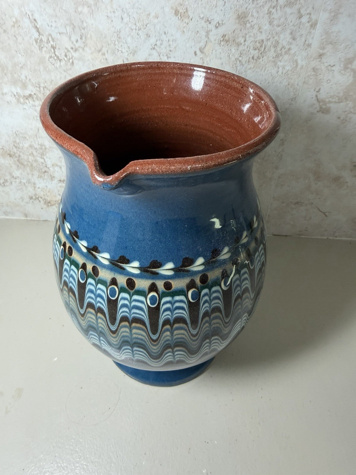 Vintage Mexican Folk Art Pottery Pitcher Salt Bowls Set Blue Brown Hand Painted