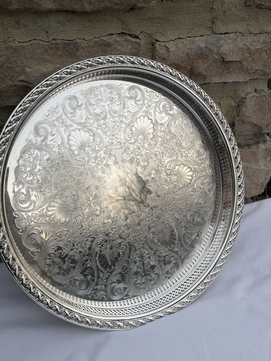 WM Rogers Son Silver Plate Platter Spring Flower Round Tray 15" + Storage Felt