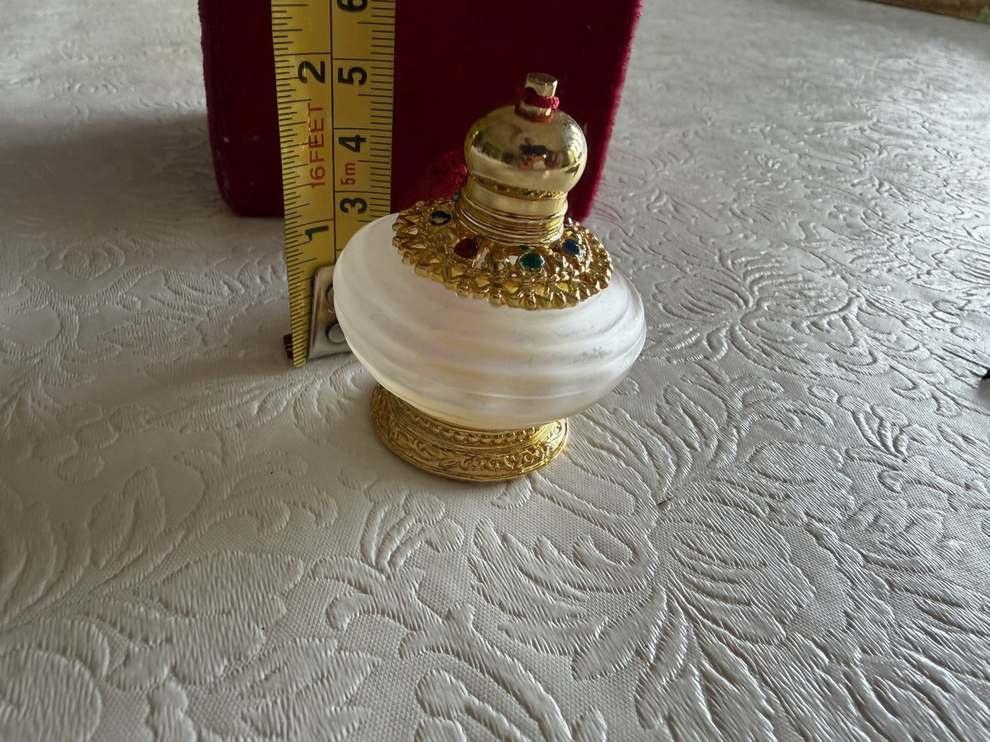 Vintage Ahjar Ornate Perfume Bottle Gold Tone Red Gemstone Glass Pouch Vanity