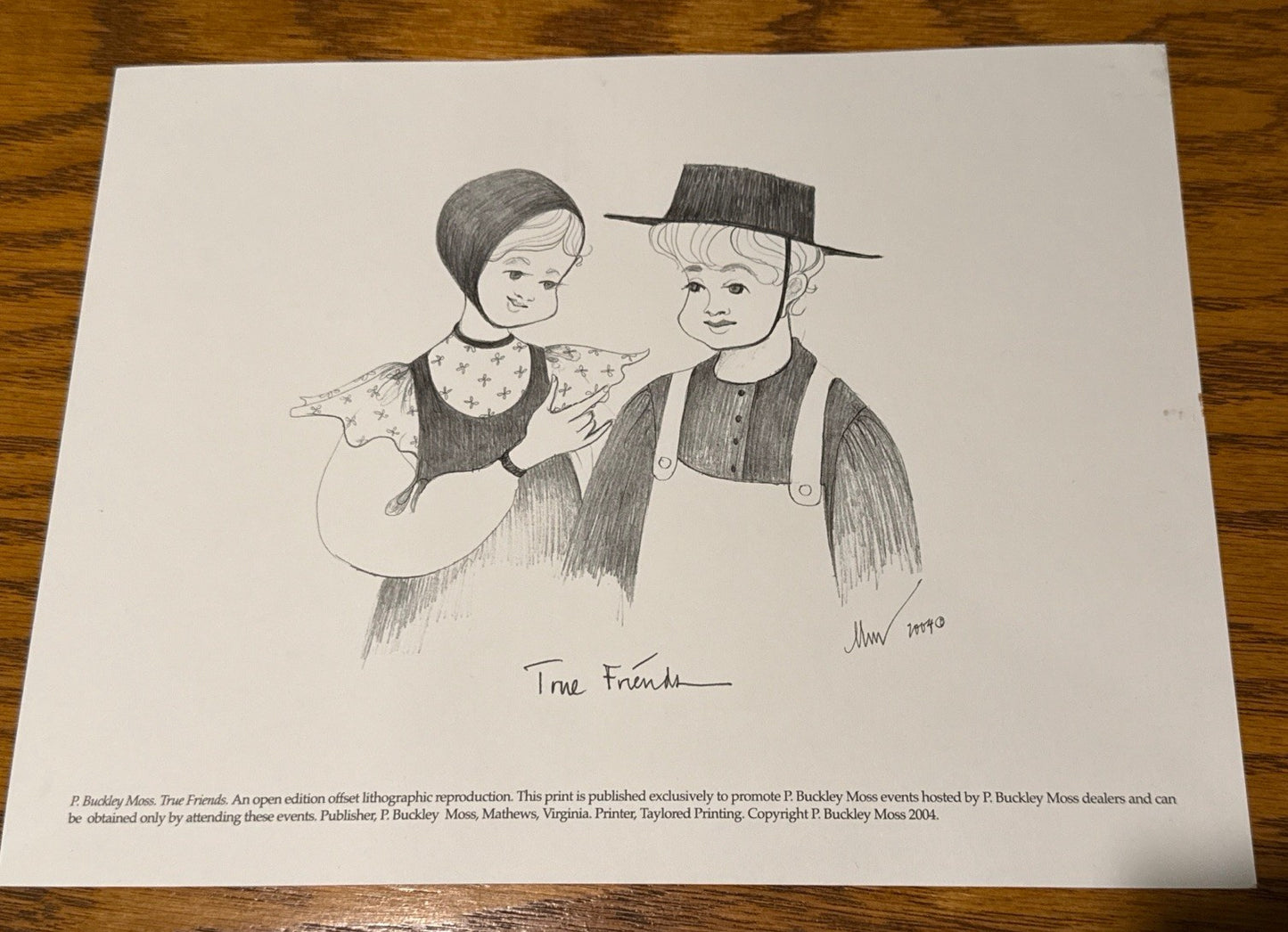 P Buckley Moss The Friends 2004 Lithograph Print Amish Family Art 11x8.5 Loose