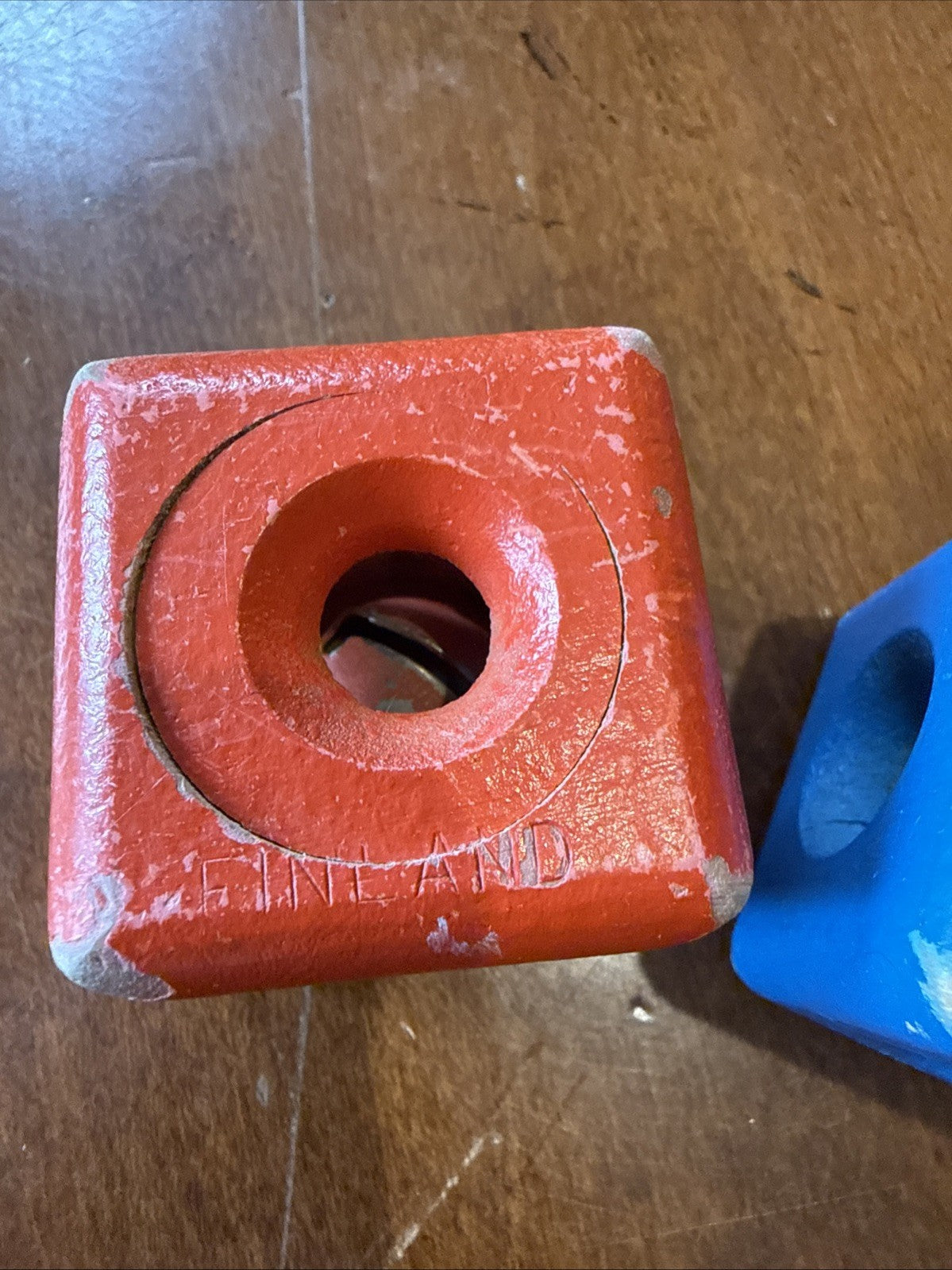 Antique Wooden Baby Toy Blocks with Bells Finland 2 Piece Set Red Blue