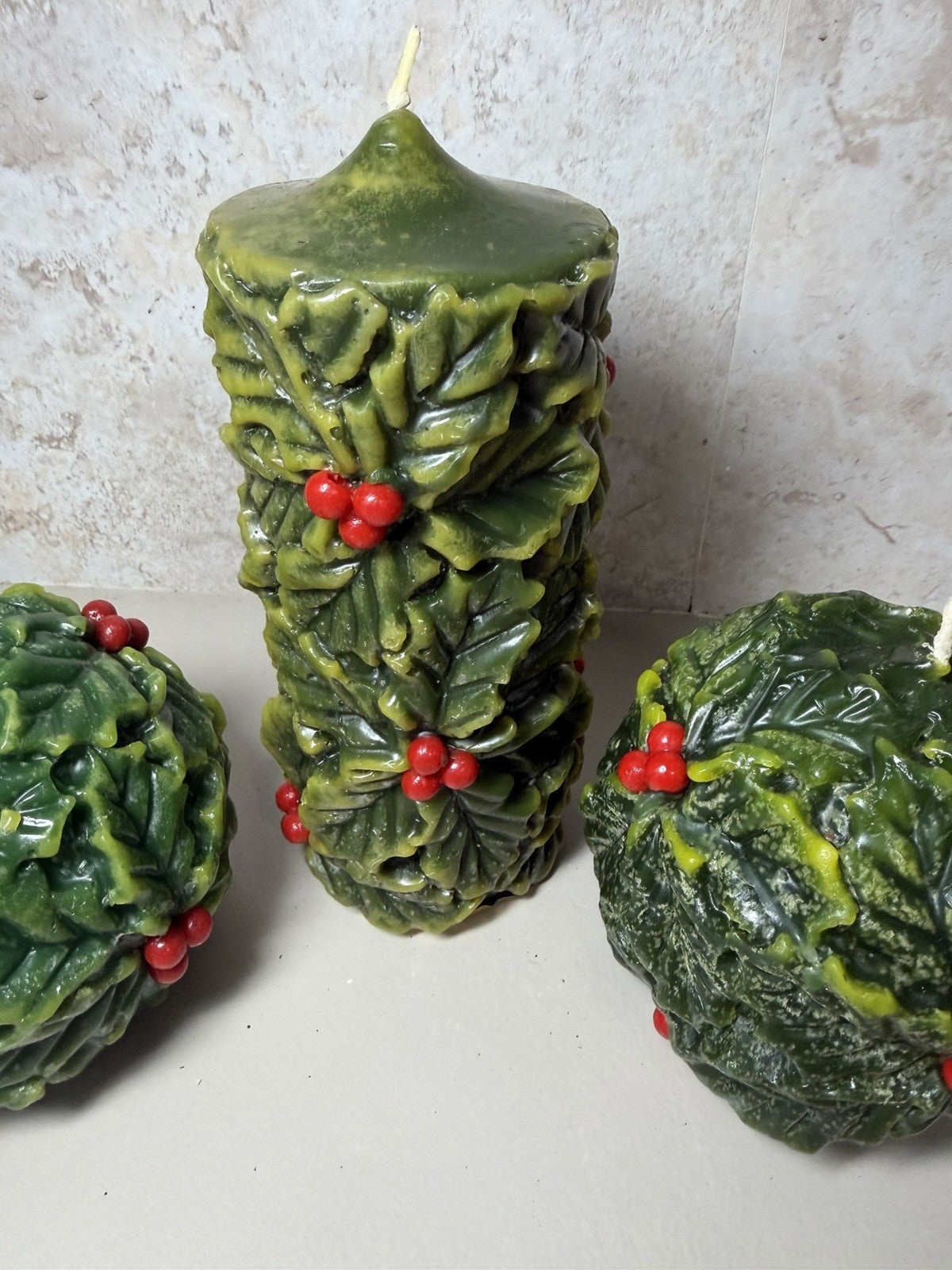 Vintage Italian Holly & Berry Christmas Candle Set Pillar and Two Spheres