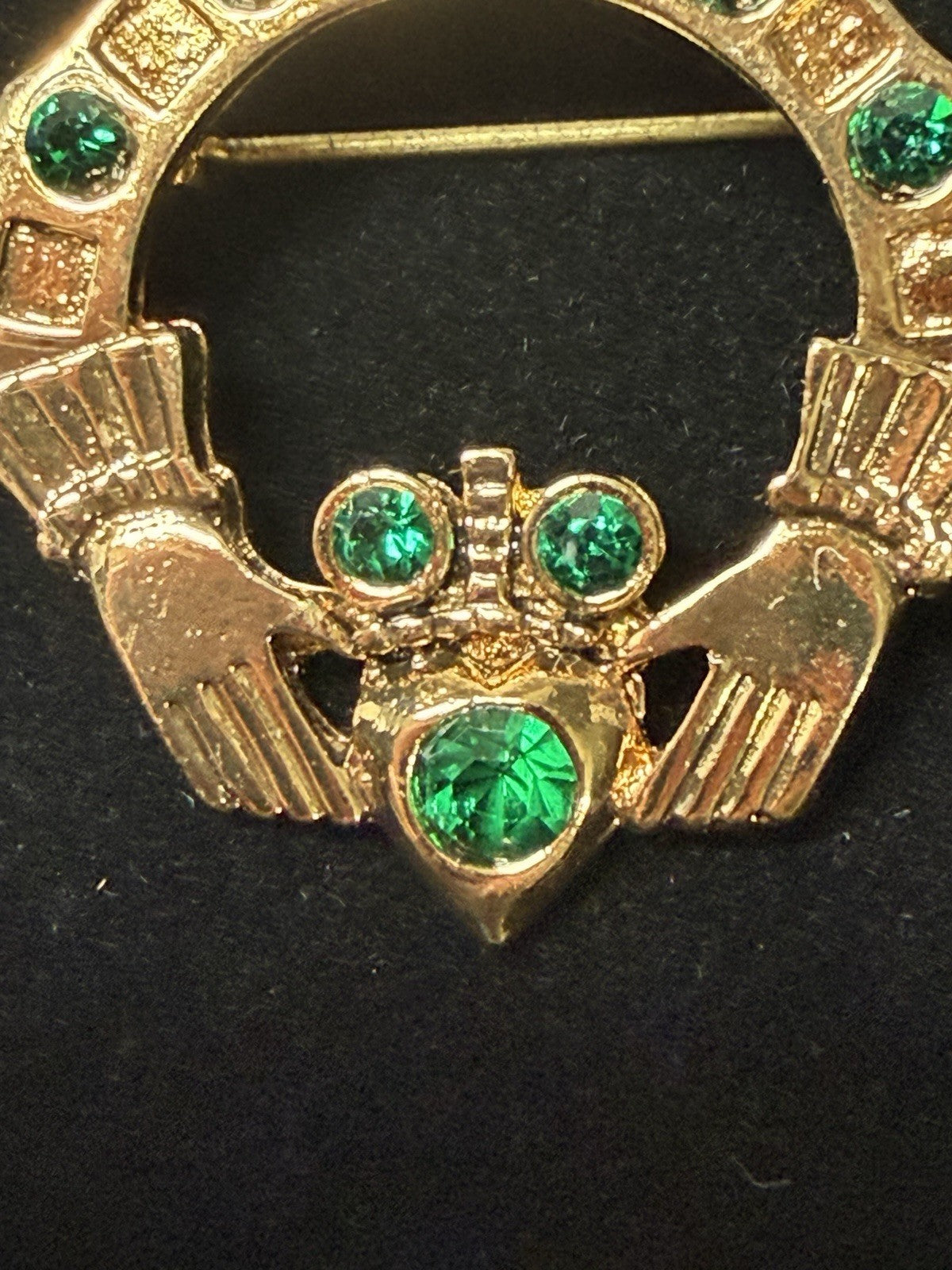 Vintage Gold Tone Green Rhinestone Claddagh Brooch Pin Irish Celtic Jewelry Pin