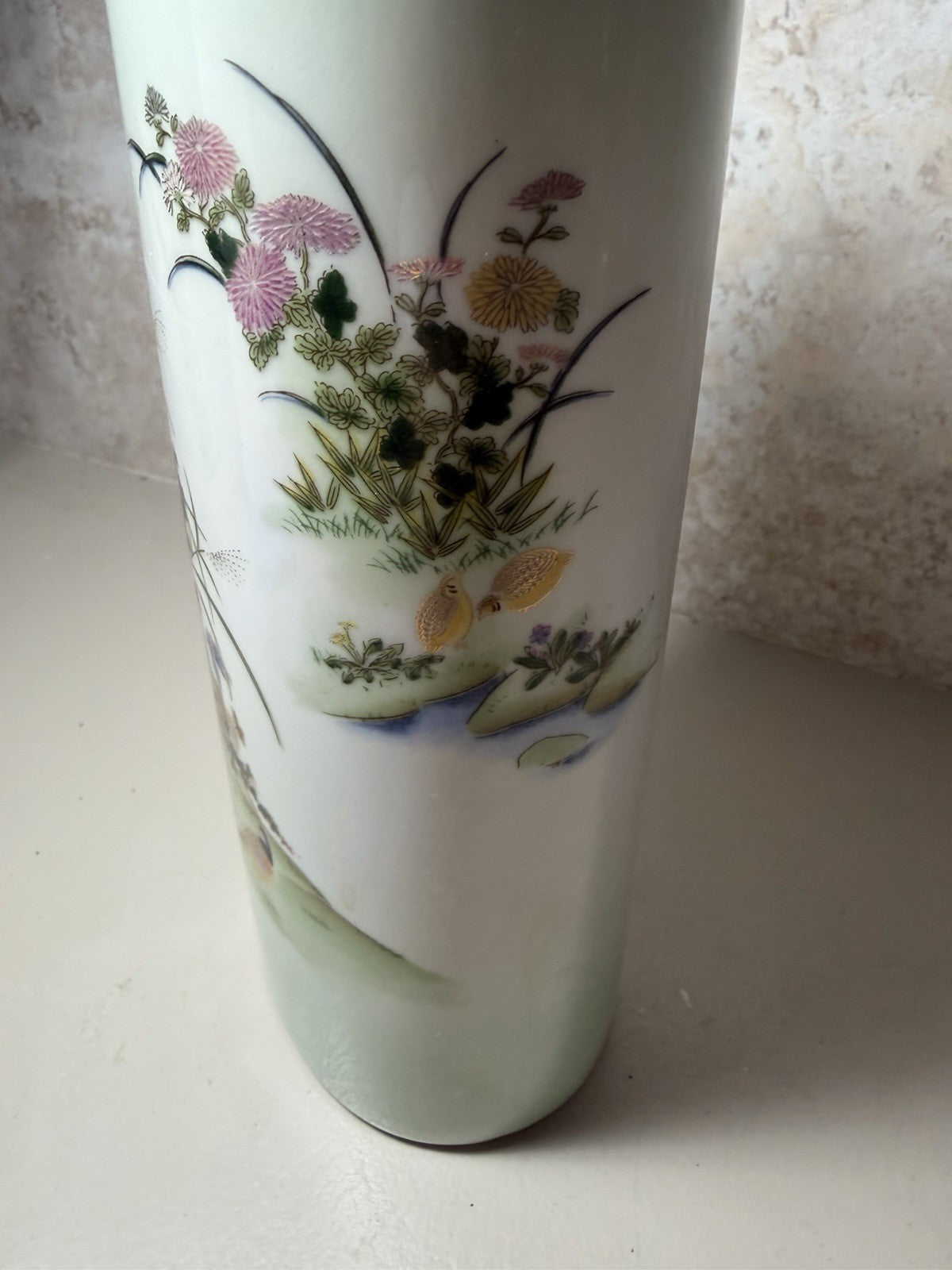 Vintage Japanese Porcelain Vase Green Floral Bird Motif Hand Painted Gold Trim