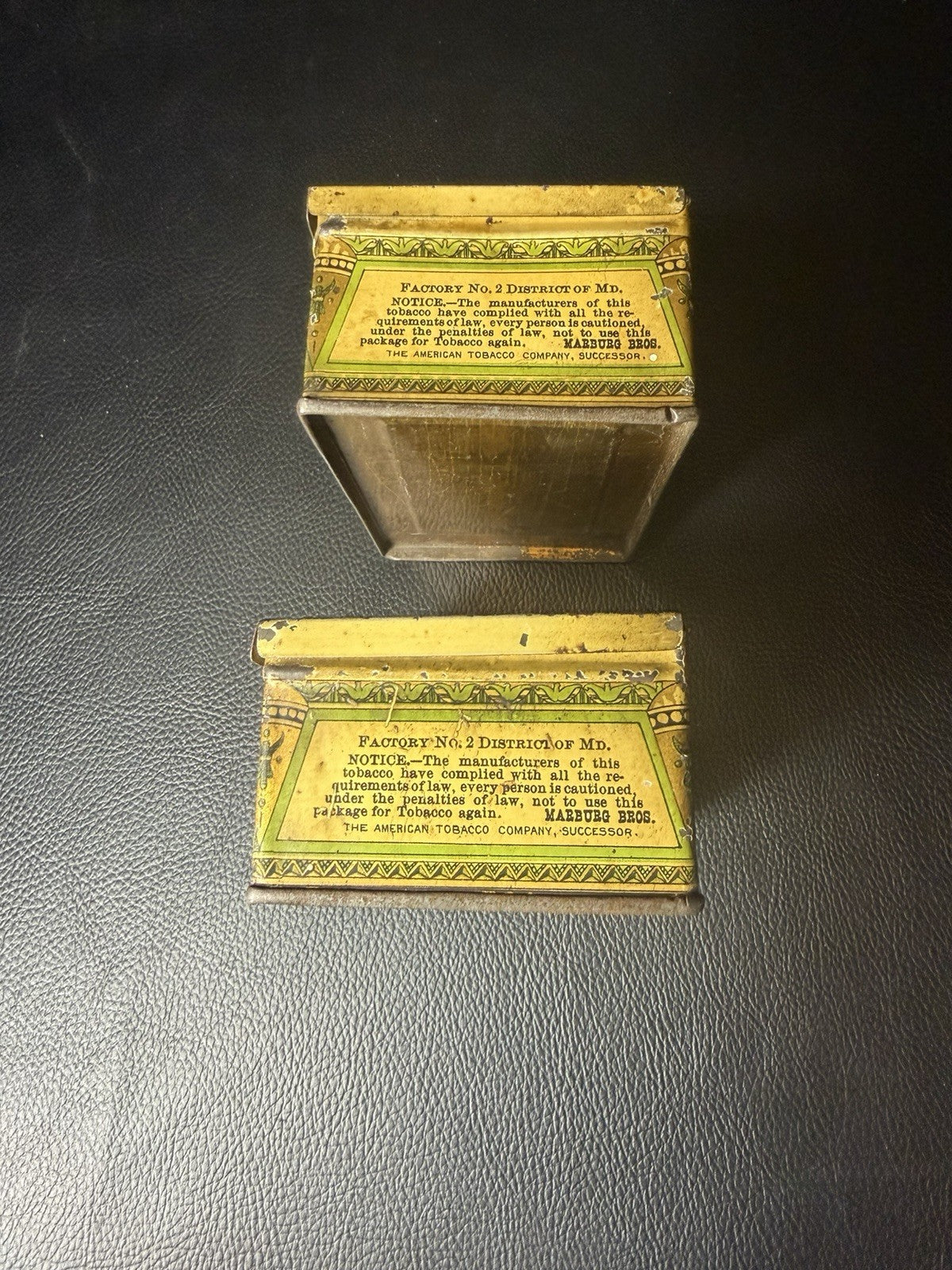 Antique Yale Mixture Tobacco Tins 2 Marburg Bros Baltimore Maryland Green EMPTY