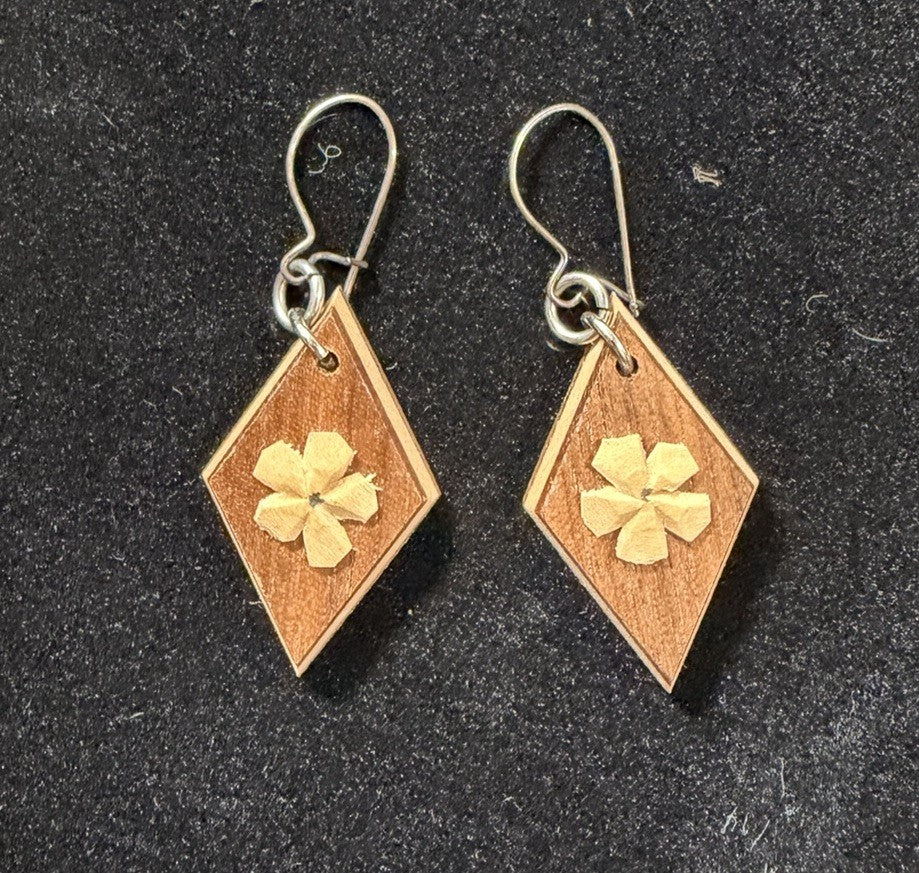 Vintage Canadian Handicrafts Snowbird Wood Bead Drop Earrings Diamond Shape Pair