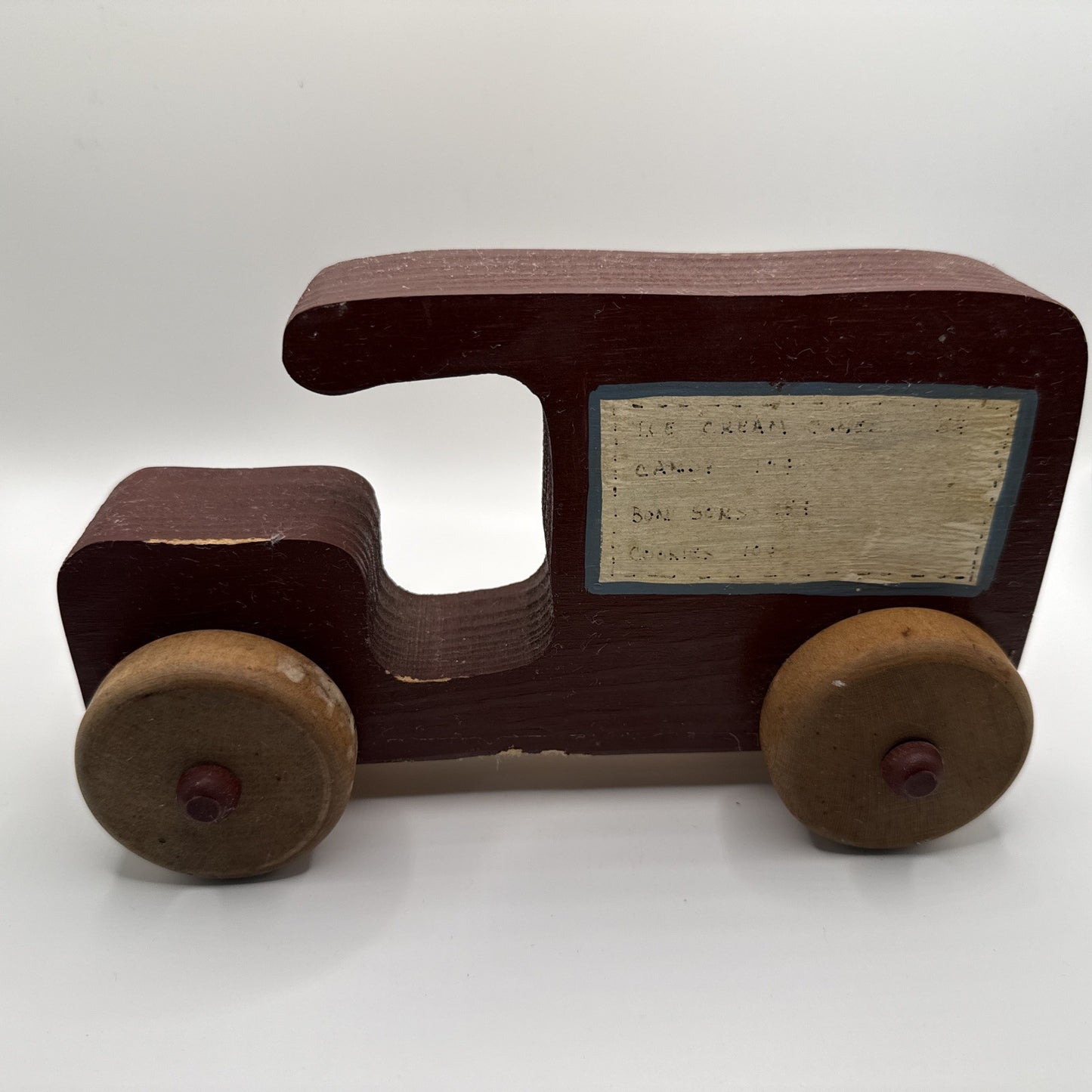 Vintage 1988 Wooden Toy Ice Cream Truck Handcrafted Rolling Wheels 8"