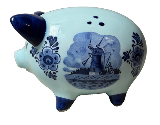Vintage Delft Blue Piggy Bank Ceramic Dutch Windmill Coin Saver DBL Crown Stamp
